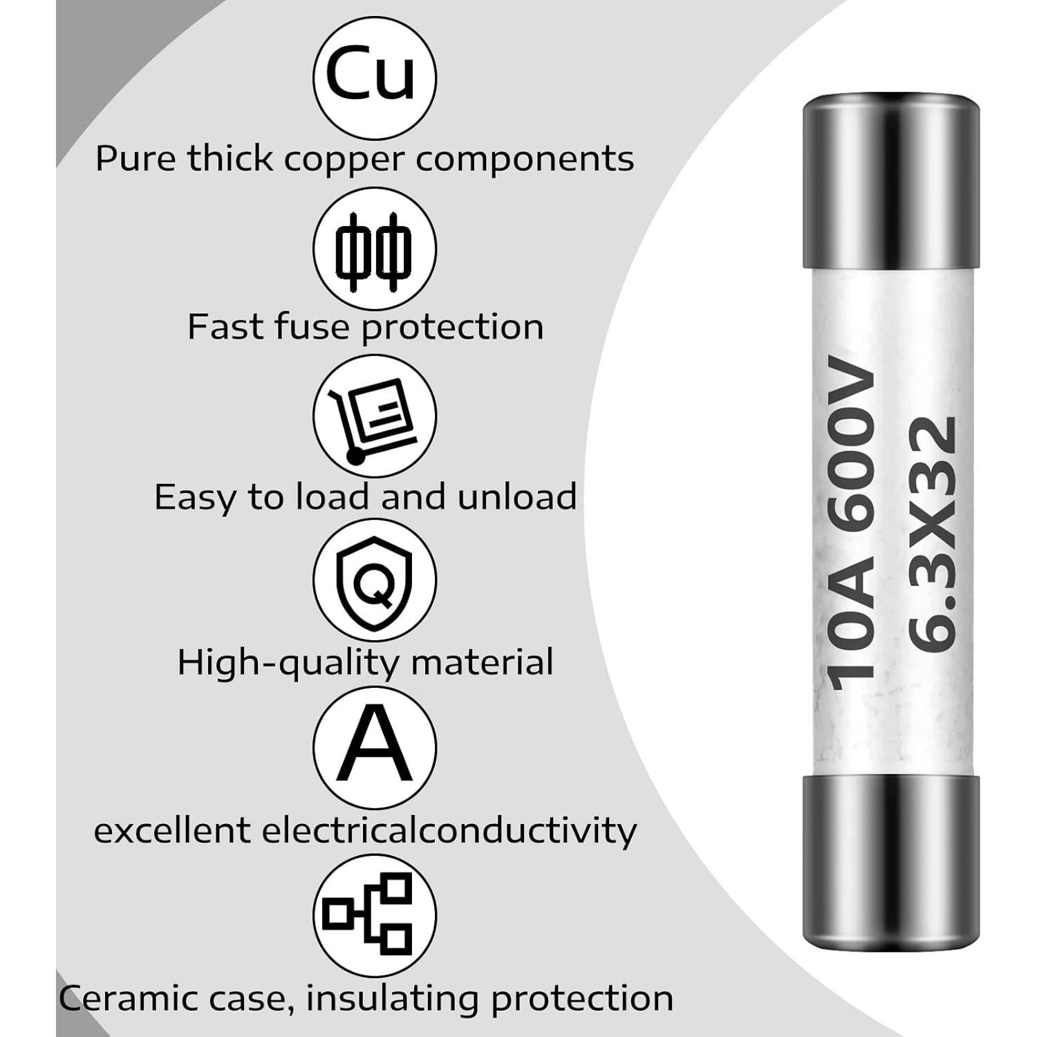 Fusibles de Multímetro Kingdder 10 Piezas 10A 600V Cerámica