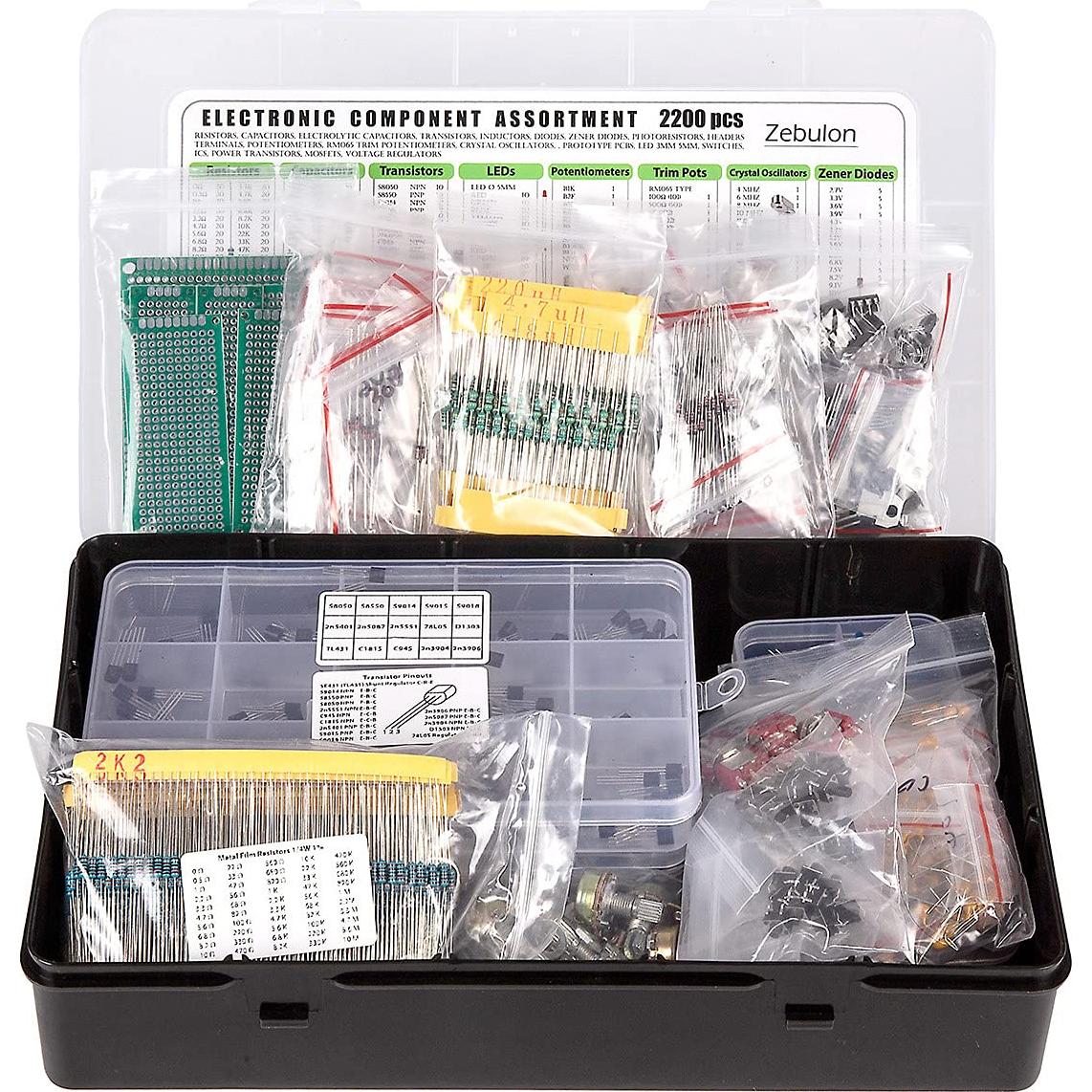 Kit de Componentes Electrónicos 2200 pcs ZEBULON - Capacitores, Resistencias, Diodos, Transistores