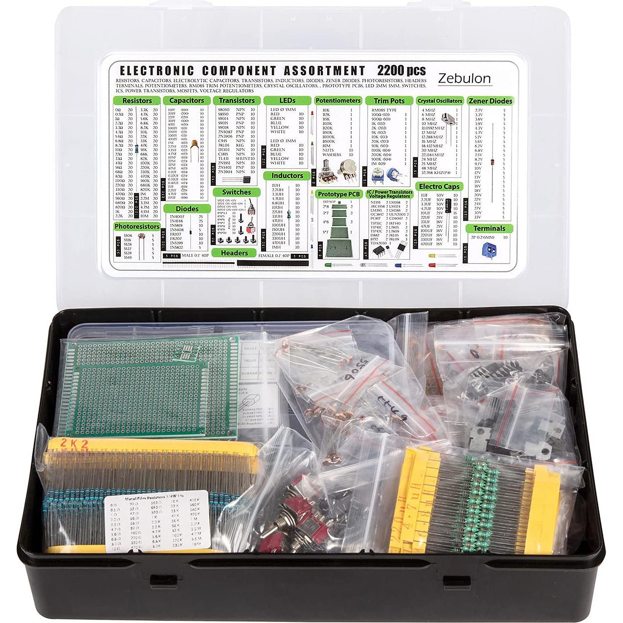 Kit de Componentes Electrónicos 2200 pcs ZEBULON - Capacitores, Resistencias, Diodos, Transistores