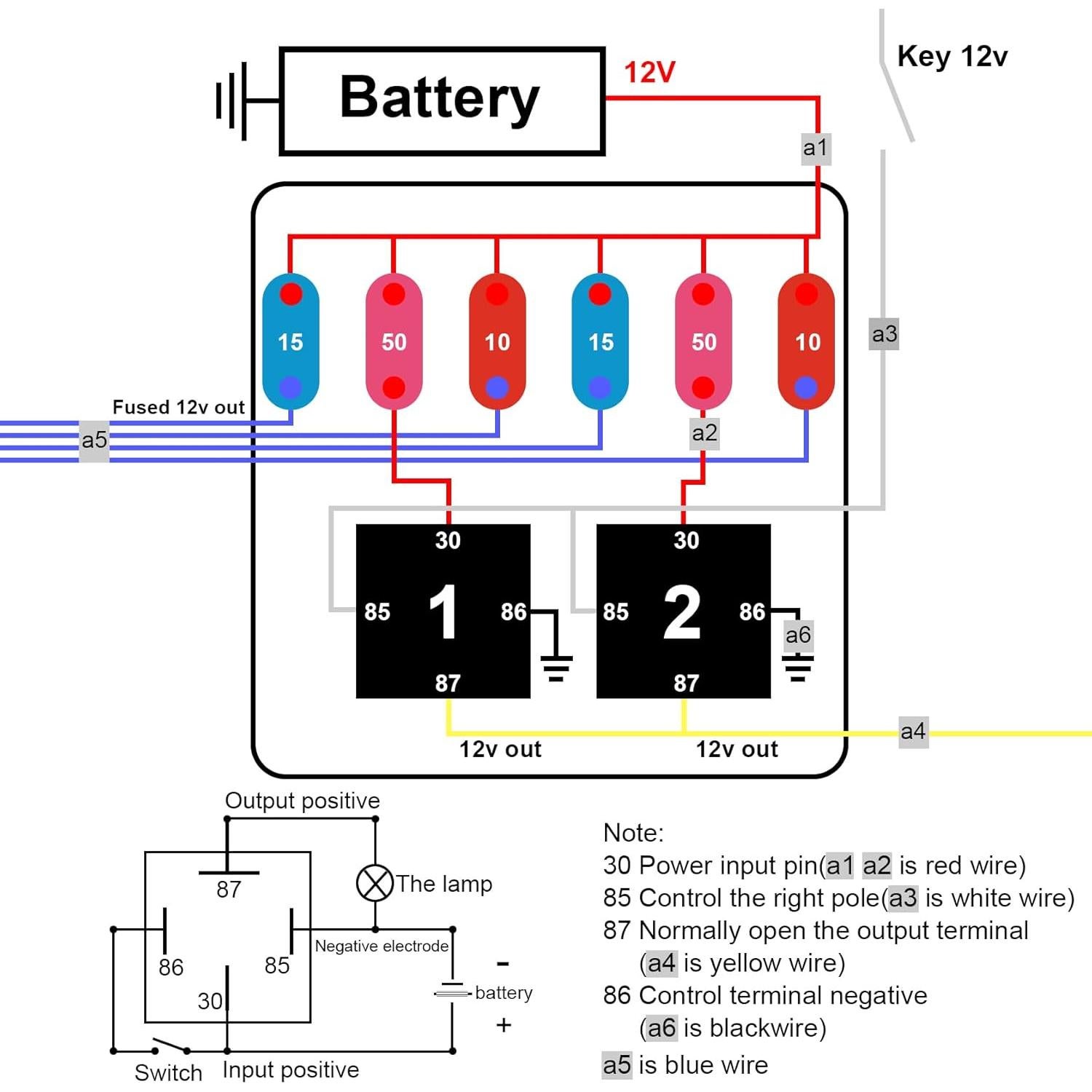 Caja de Relé Pre-Cableada 12V Weasch 2 Relés 80A 6 Fusibles