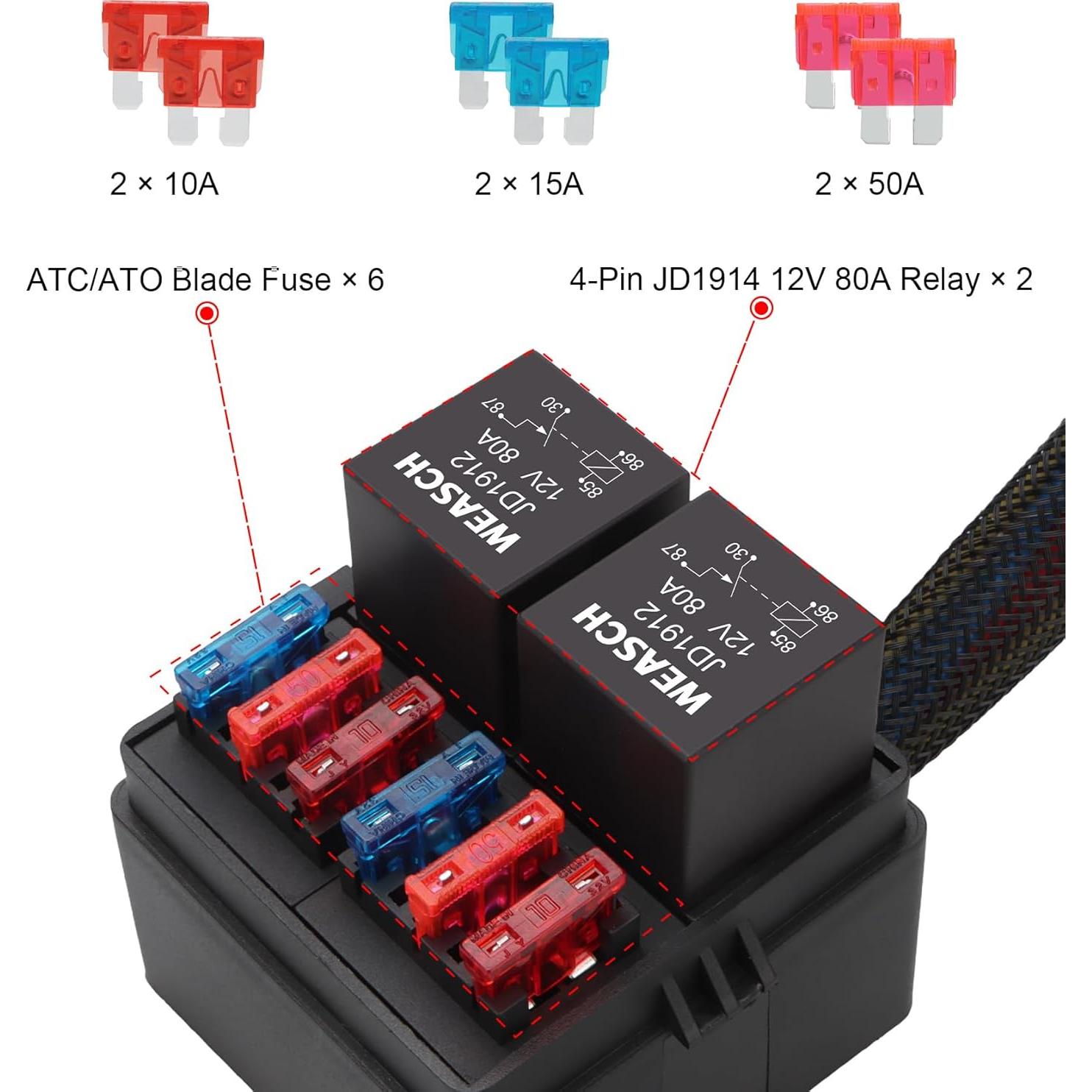 Caja de Relé Pre-Cableada 12V Weasch 2 Relés 80A 6 Fusibles