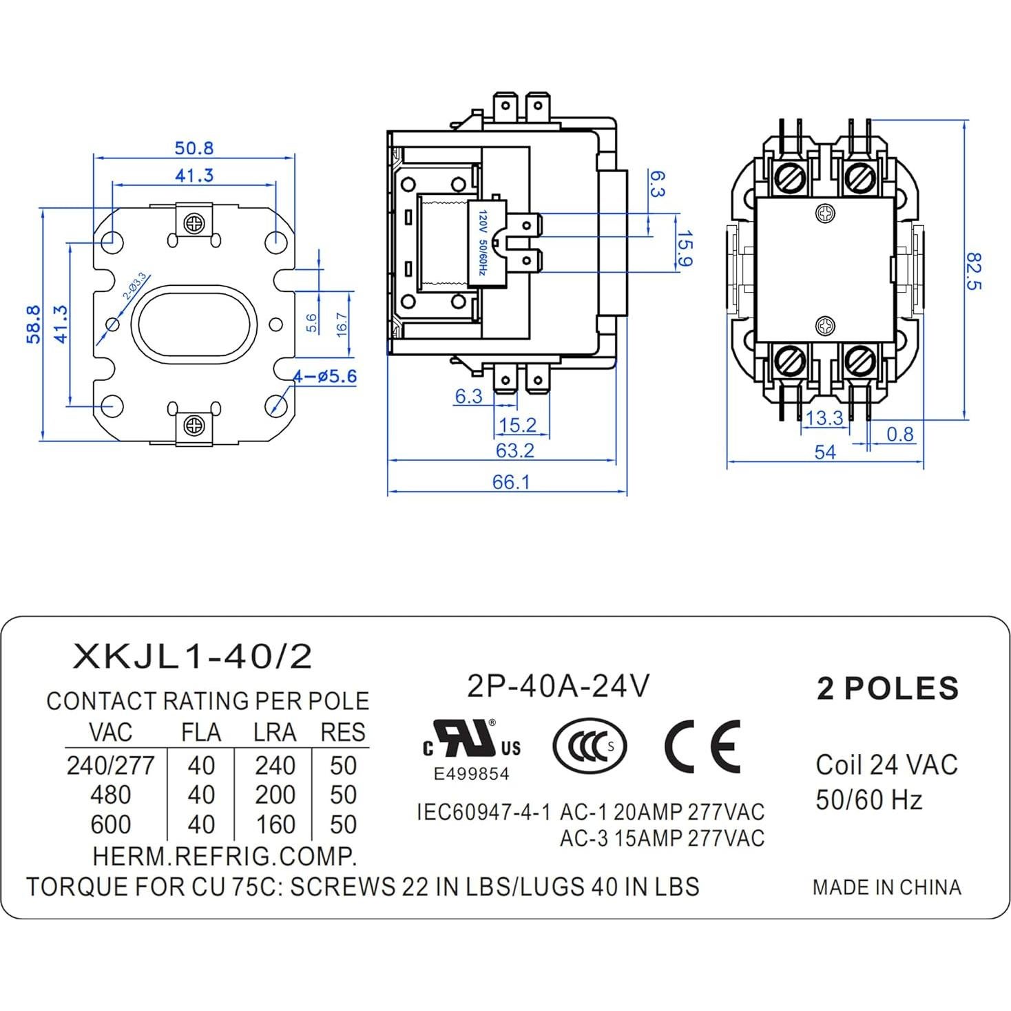 Contactor Dreyoo 24V 40A 2 Polos para Aire Acondicionado