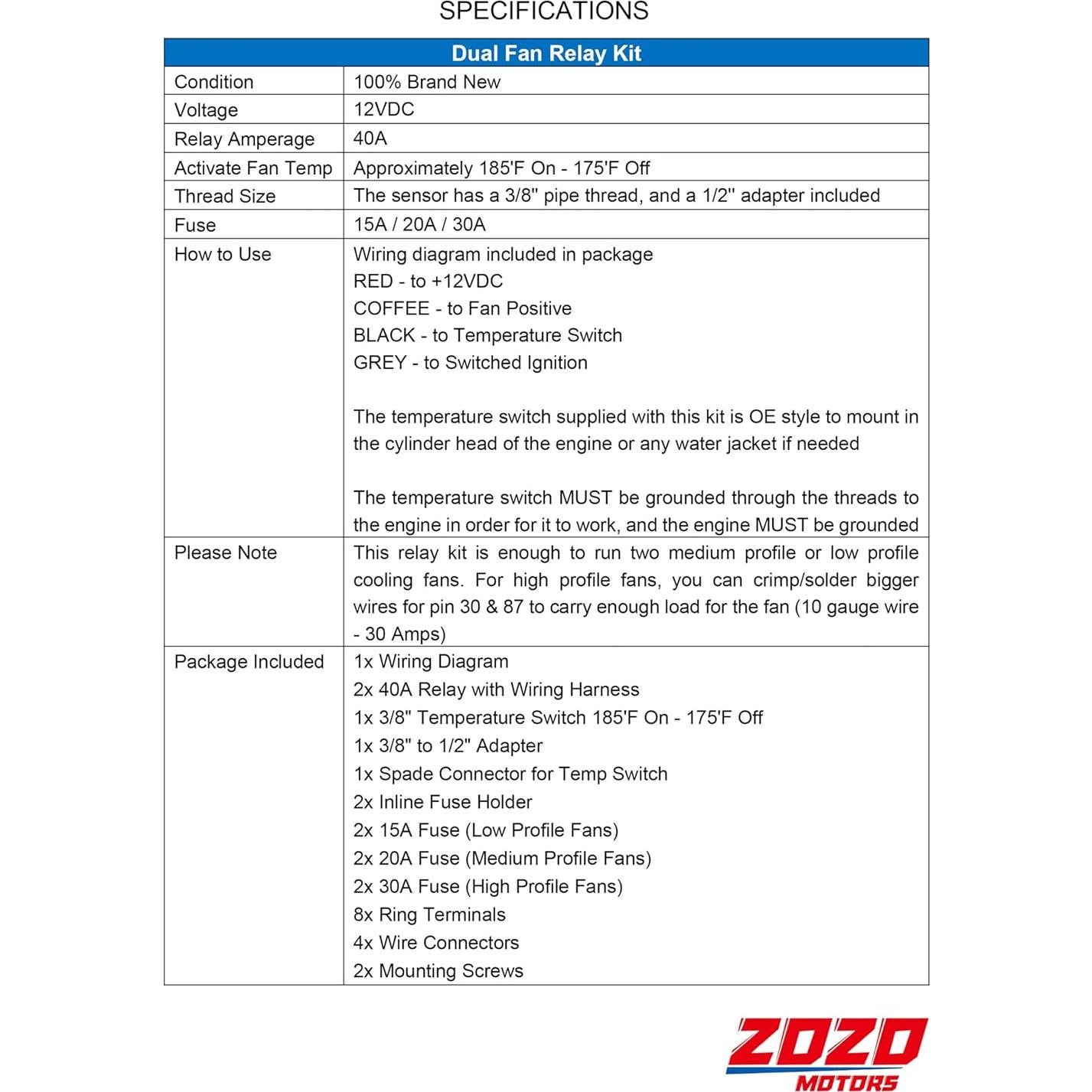 Kit de Relé de Ventilador Eléctrico MAXCOOLING 40A con Termostato