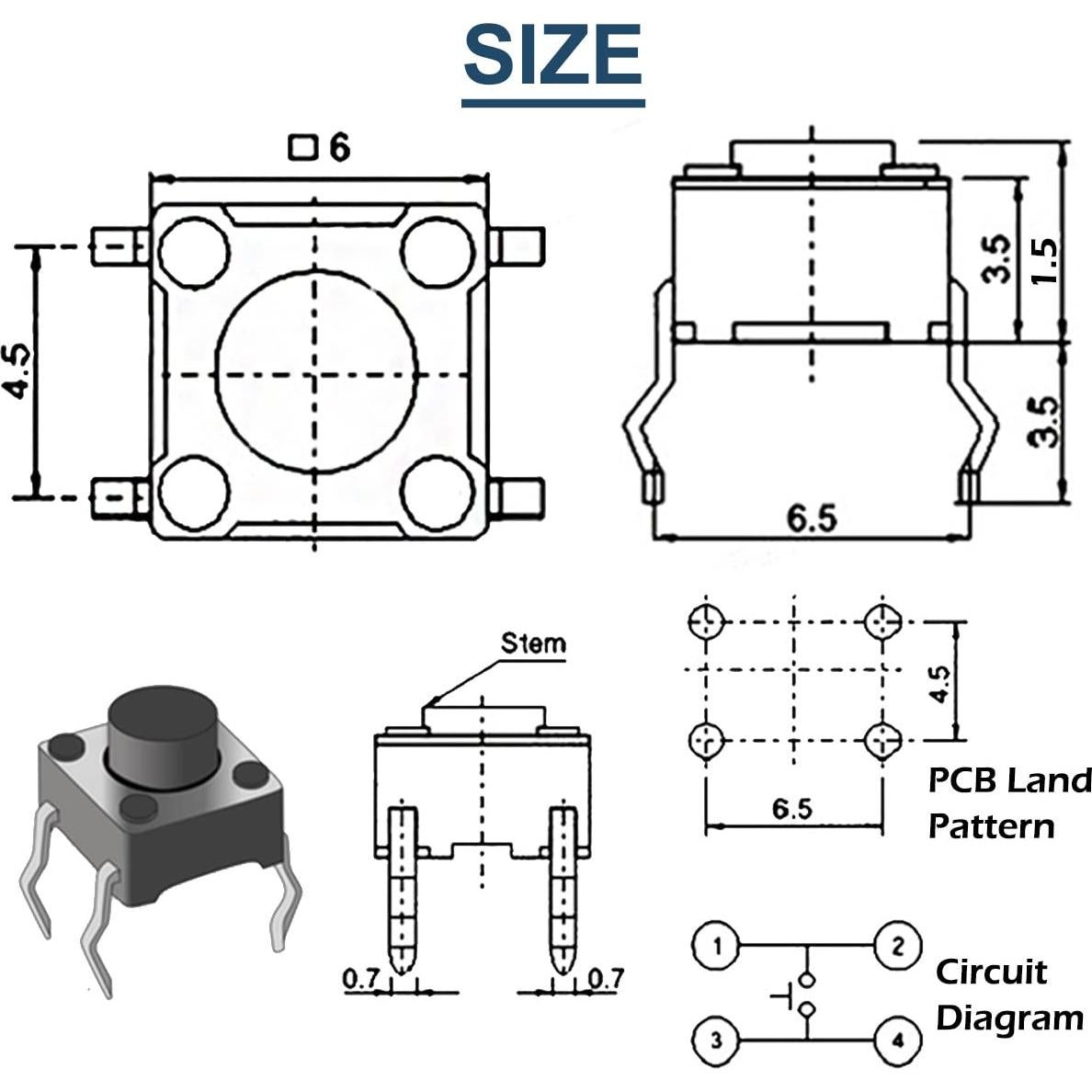 Interruptor Táctil Momentáneo 4 Pines DAOKAI 6x6x5mm - 100 Unidades
