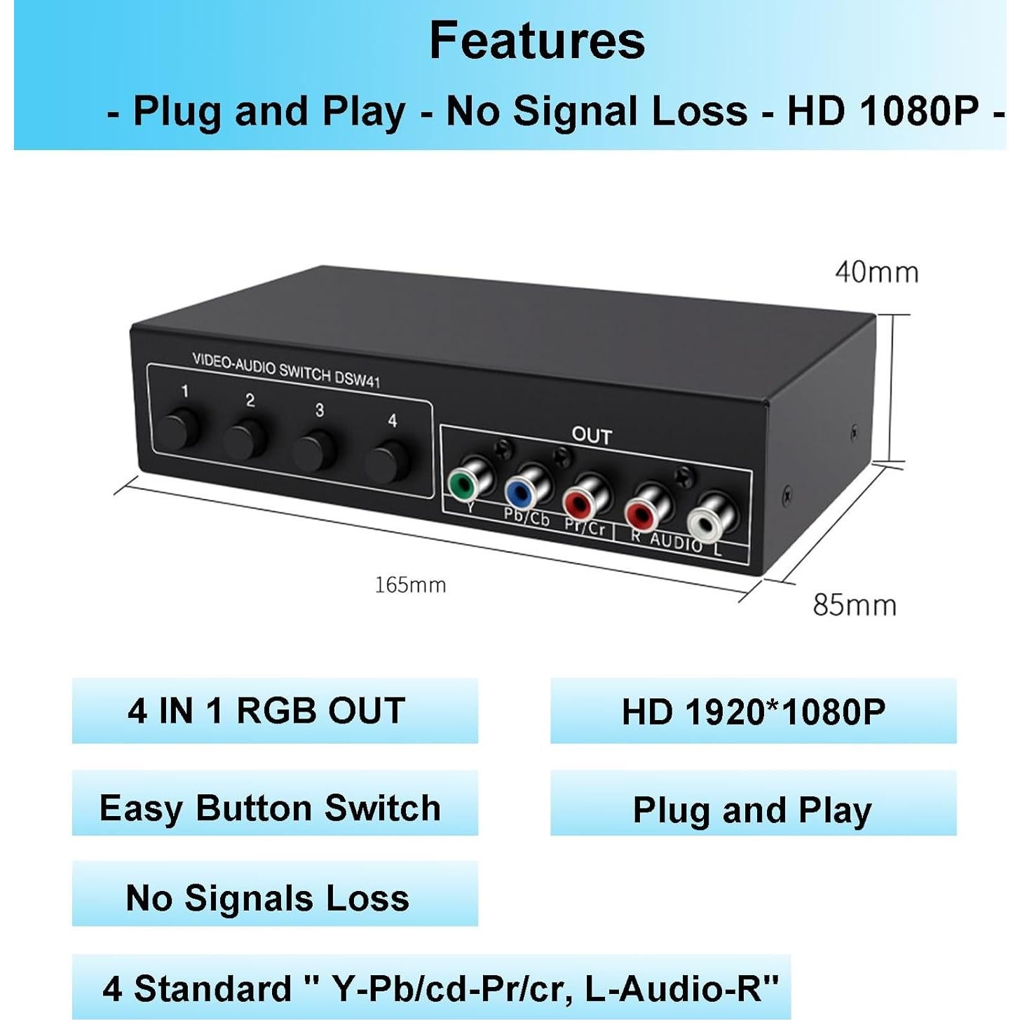 Conmutador AV Componente 4 en 1 LUKFOCAB 1080P RCA