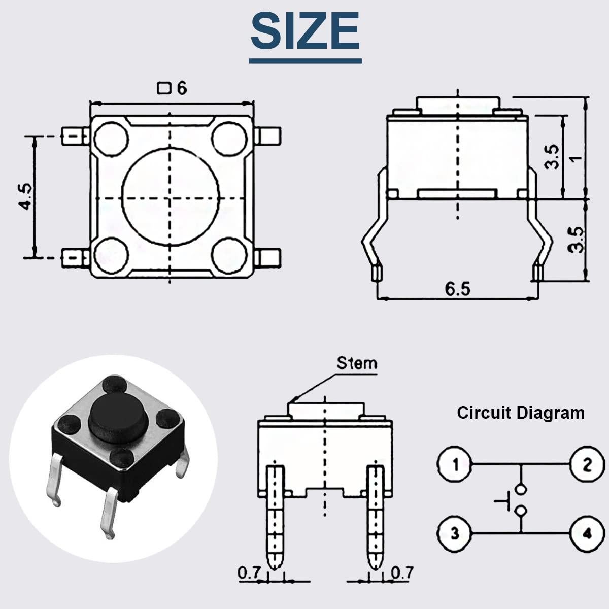 Interruptor Táctil Momentáneo 4 Pines DAOKAI 6x6x4.3mm 100PCS