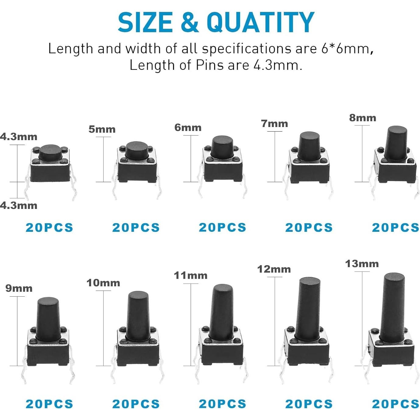 Kit de 200 Interruptores Táctiles QTEATAK 4 Pines 6x6mm