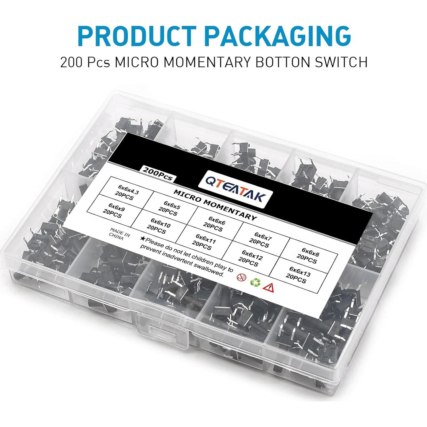 Kit de 200 Interruptores Táctiles QTEATAK 4 Pines 6x6mm