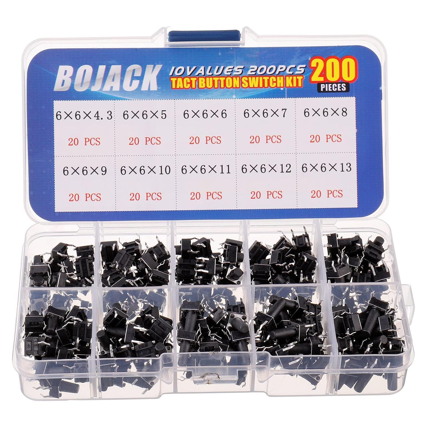 Kit de Interruptores Táctiles BOJACK 200 Pcs 6x6 mm
