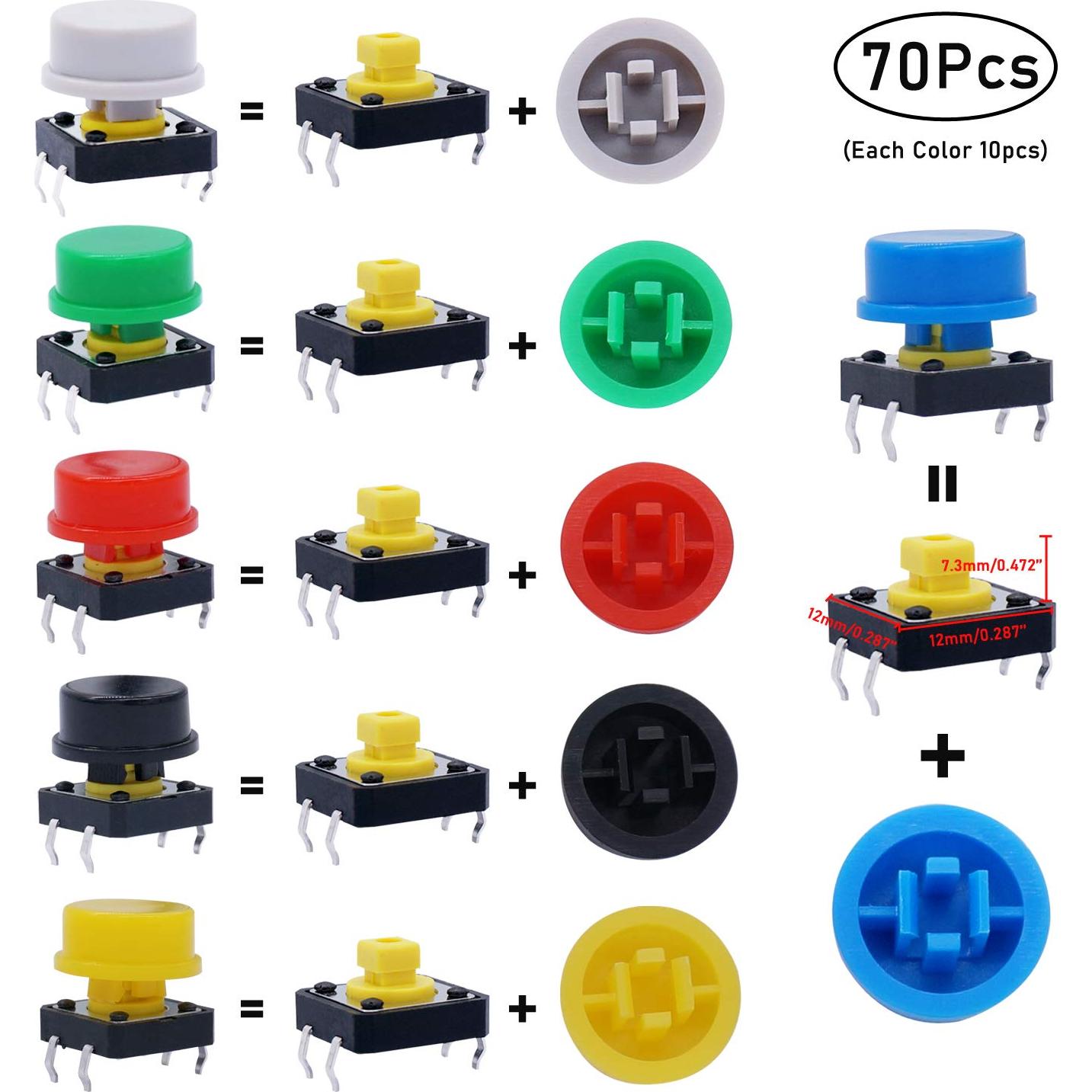 Interruptor Táctil Momentáneo TWTADE 70pcs Multicolor 12x12mm
