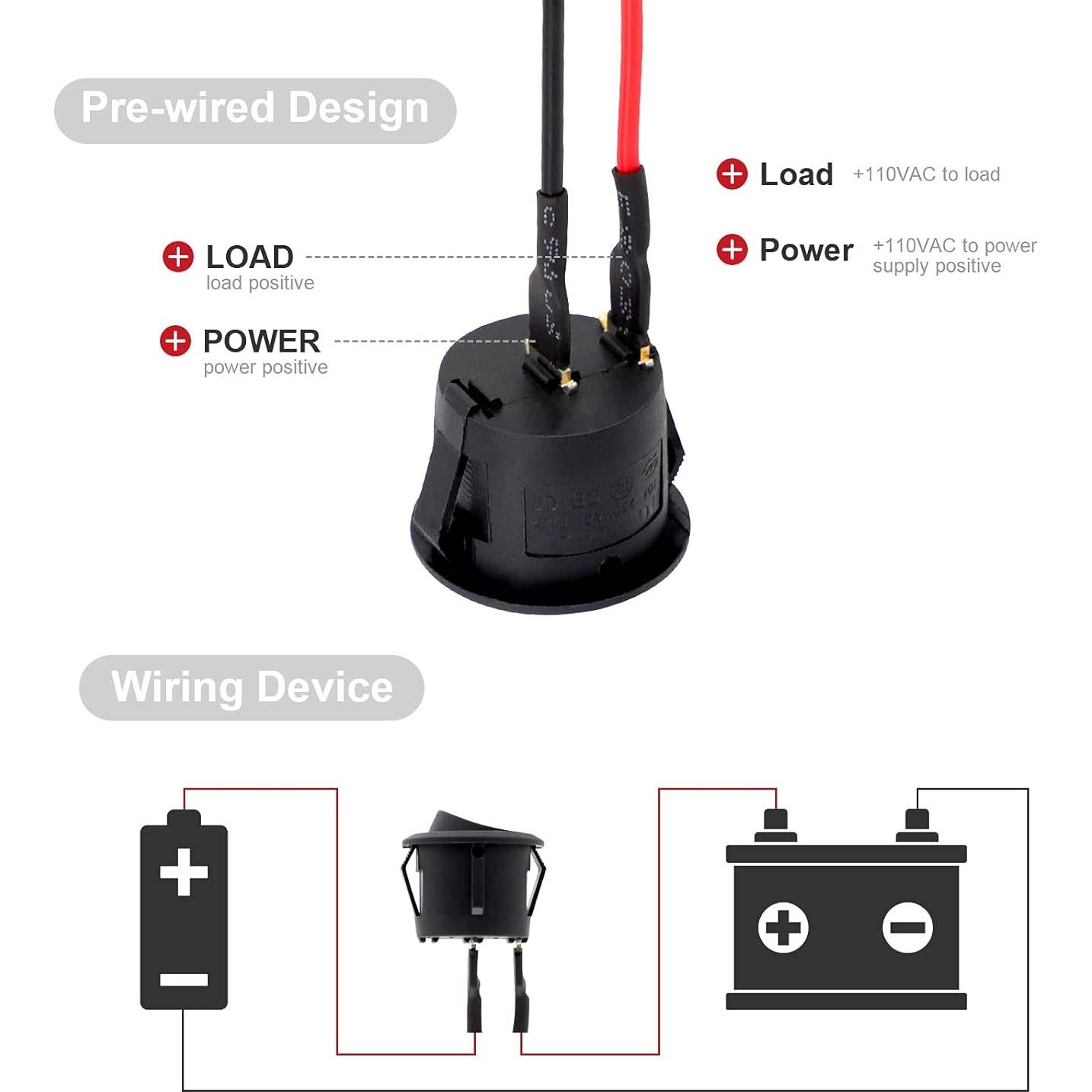 Interruptores Rocker Mini KCD1-X-Y 12V 6 Pcs Pre-Cableados