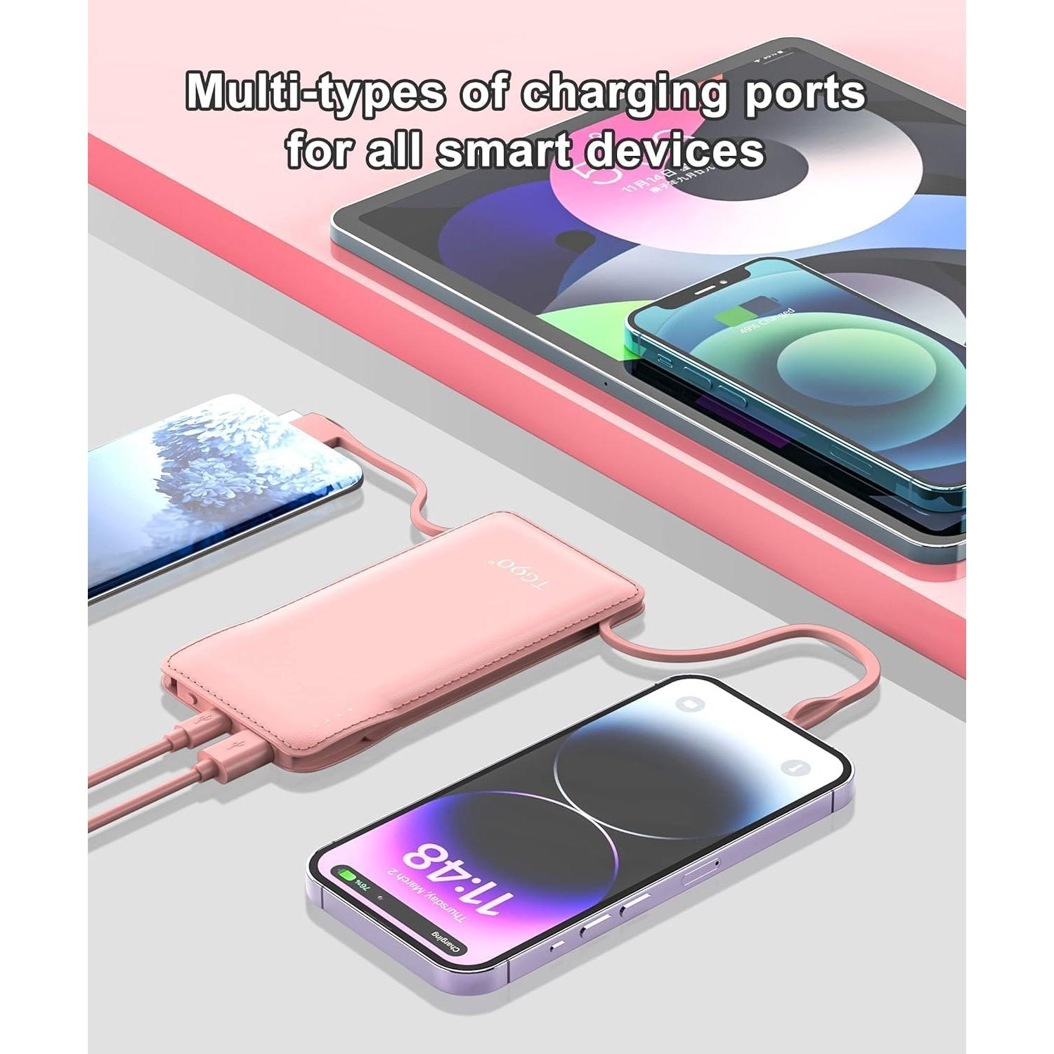 Cargador Portátil TG90° 10000mAh Rosa con Cables Integrados