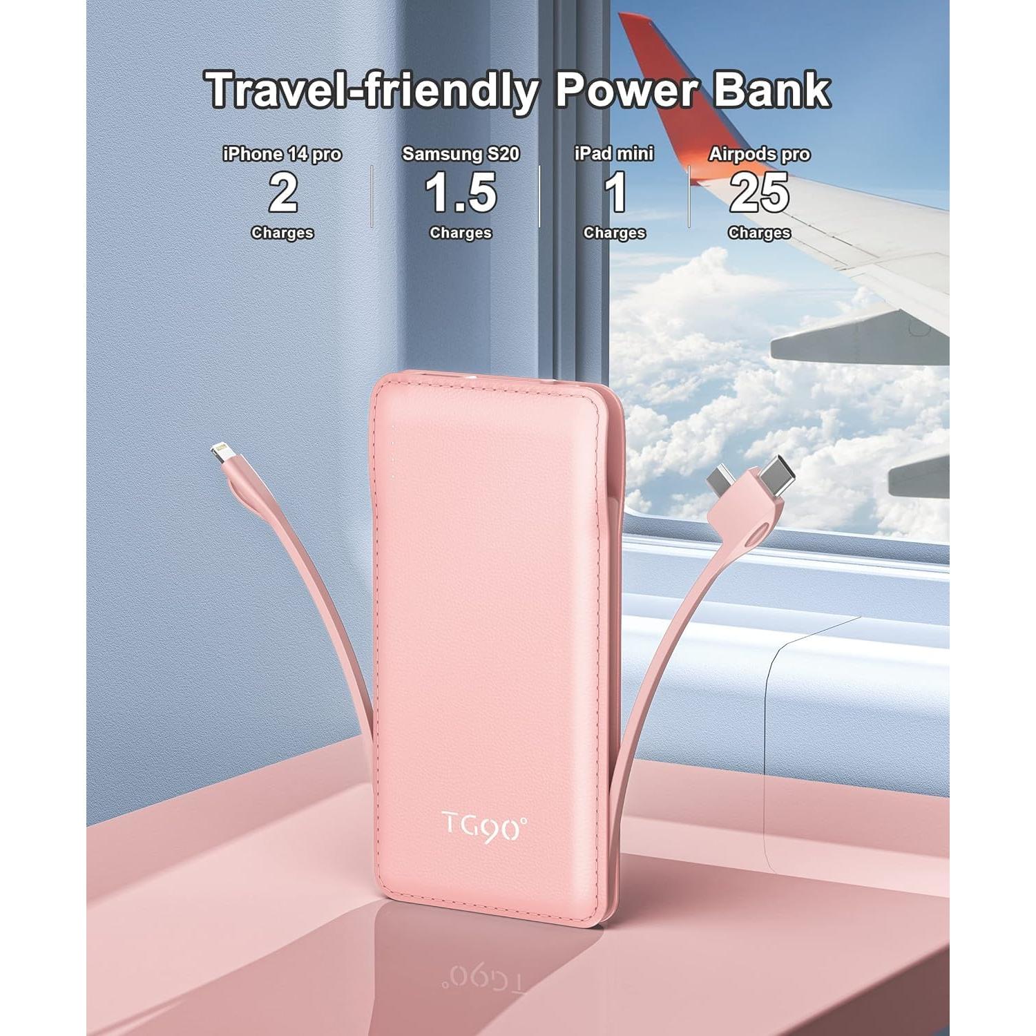 Cargador Portátil TG90° 10000mAh Rosa con Cables Integrados