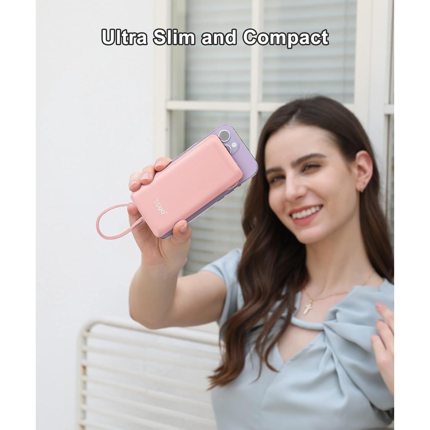 Cargador Portátil TG90° 10000mAh Rosa con Cables Integrados
