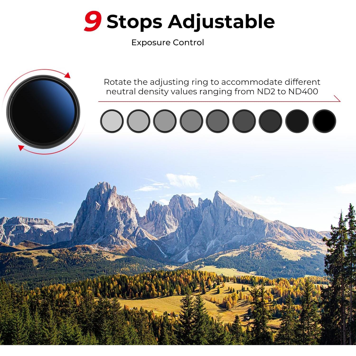 Beschoi 37mm MRC Variable ND Filter ND2-ND400, Neutral Density Adjustable ND Filter (0.3 to 2.7,1 to 9 Stops), Multi Layer Coated Optical Glass, Water Repellent & Scratch Resistant Ultra Slim Filter