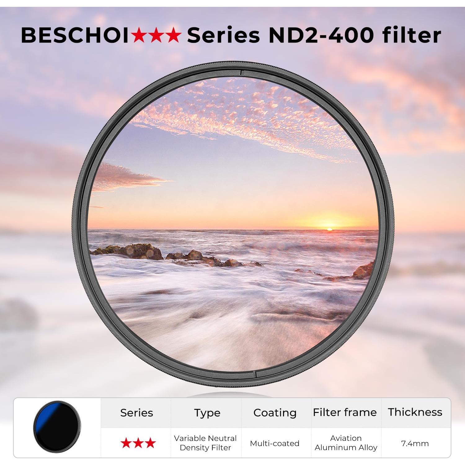 Beschoi 37mm MRC Variable ND Filter ND2-ND400, Neutral Density Adjustable ND Filter (0.3 to 2.7,1 to 9 Stops), Multi Layer Coated Optical Glass, Water Repellent & Scratch Resistant Ultra Slim Filter