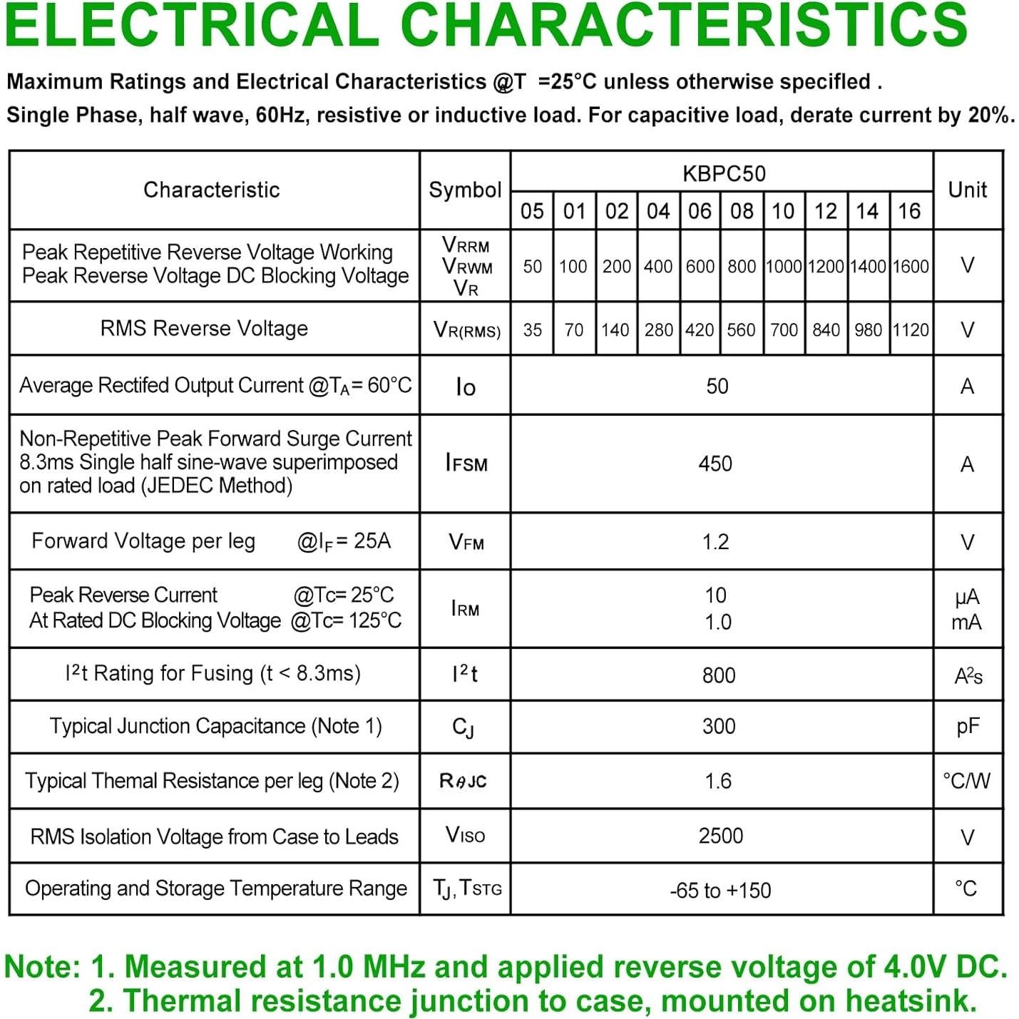 Diodo Rectificador de Puente KBPC5010 1000V 50A 8 Piezas