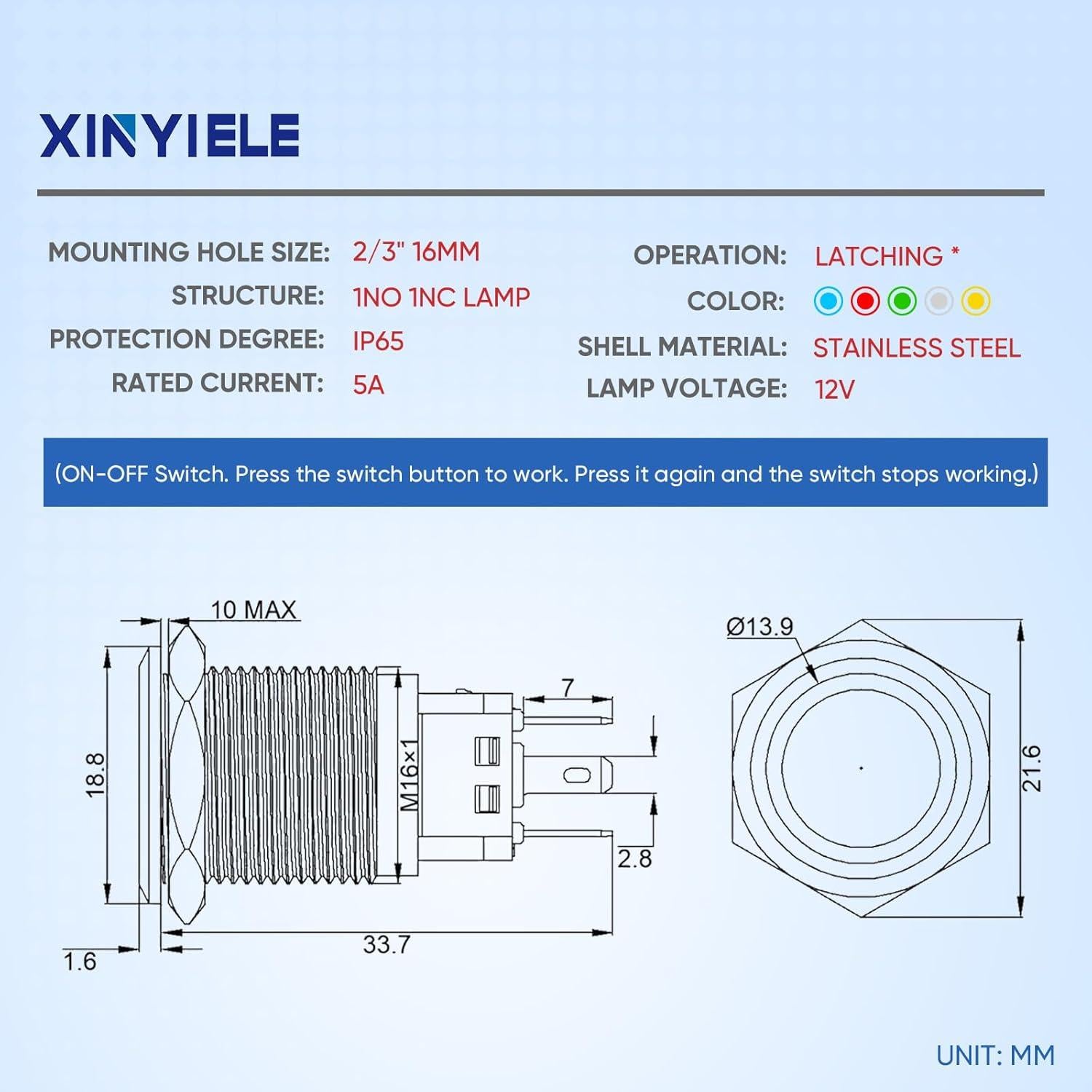 Interruptor pulsador 16mm XINYIELE acero inoxidable IP65 LED blanco
