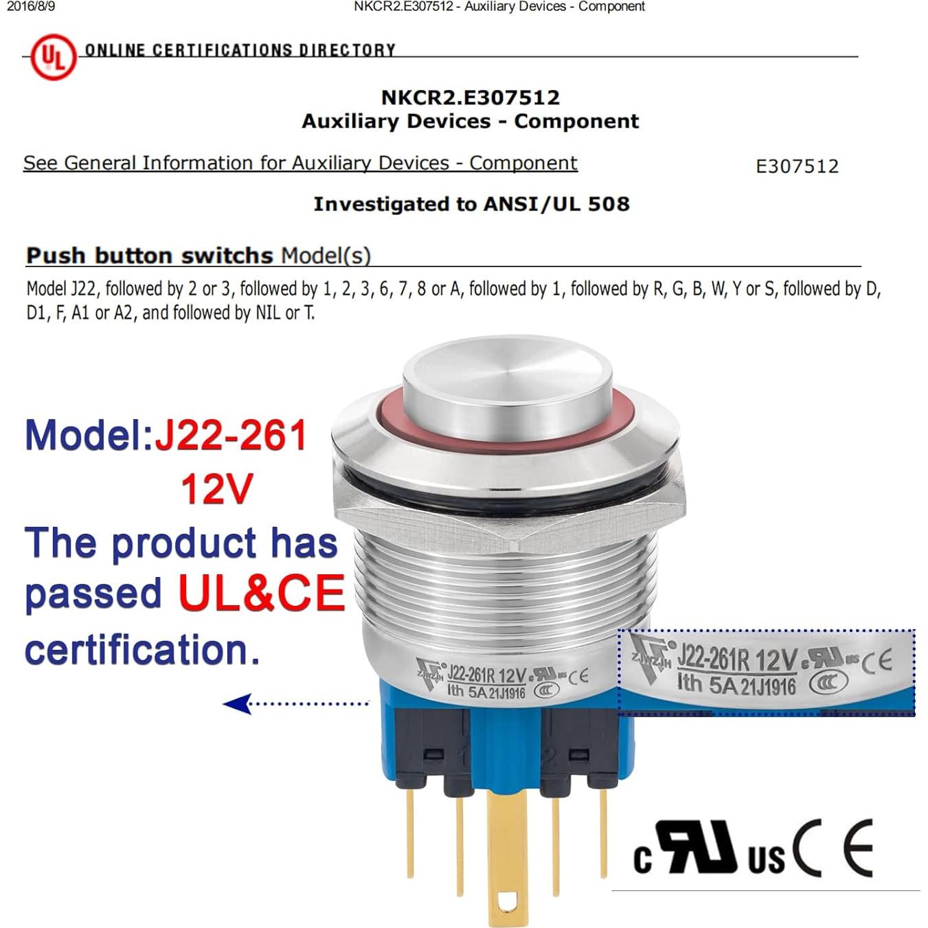 Interruptor Momentáneo 22mm ZJWZJH Acero Inoxidable 12V Rojo