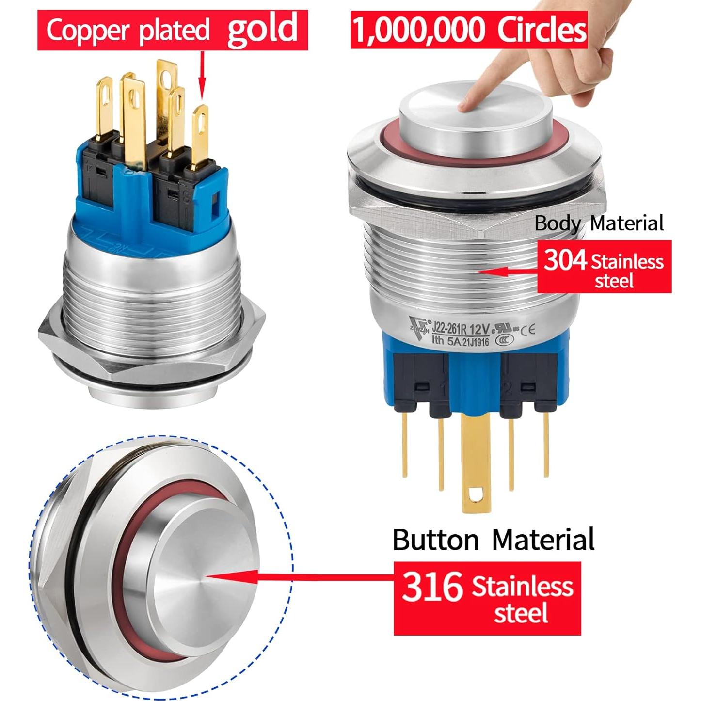 Interruptor Momentáneo 22mm ZJWZJH Acero Inoxidable 12V Rojo