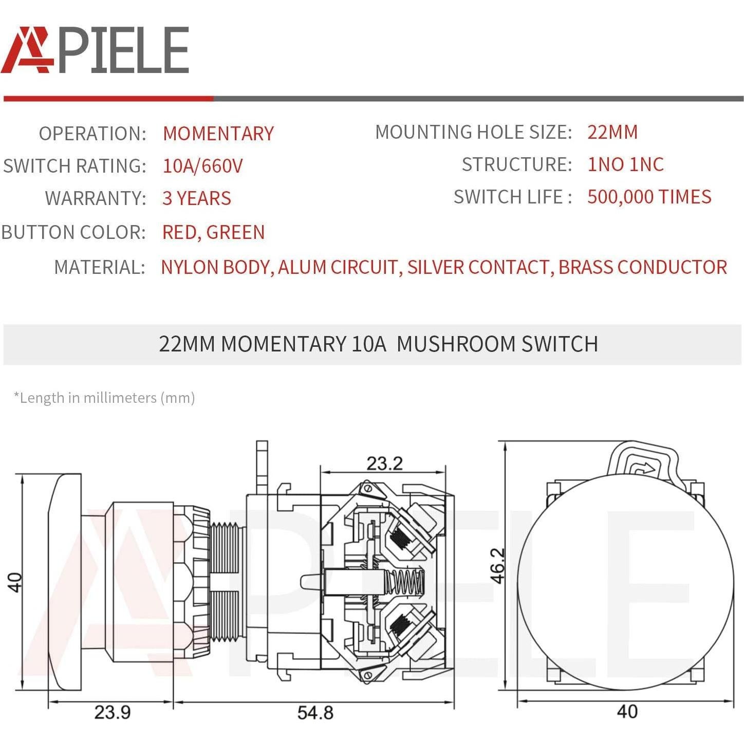 Interruptor de Botón Pulsador Momentáneo APIELE 22mm Verde
