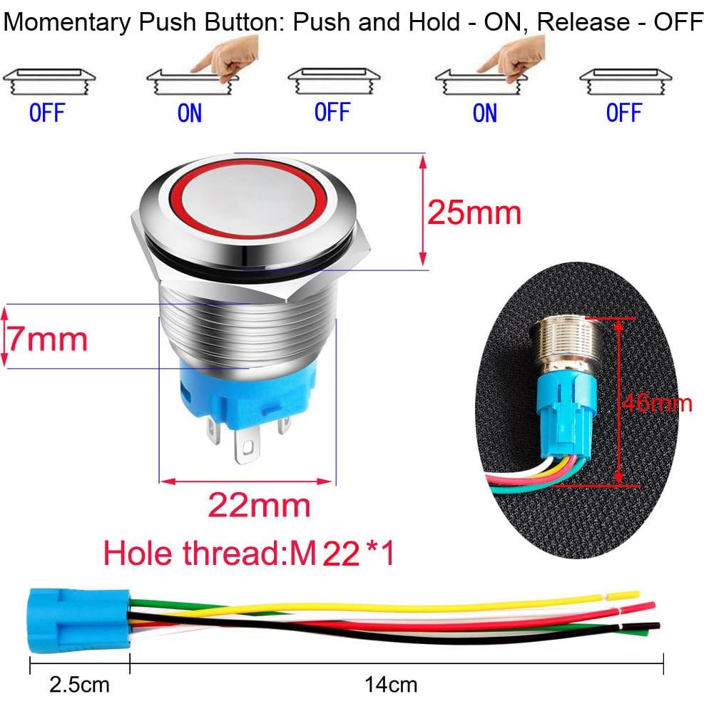 Botón Pulsador Momentáneo Gebildet 22mm Acero Inoxidable LED Rojo
