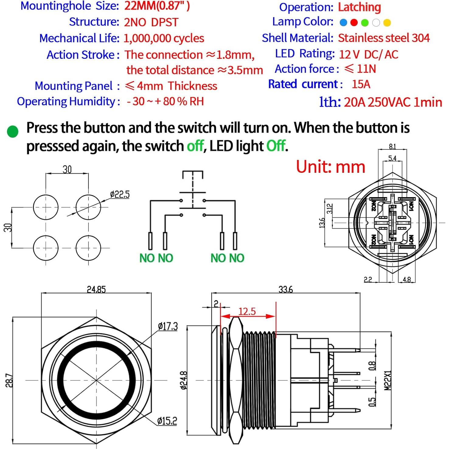 Interruptor de Botón de Presión ZJWZJH 15A 12V IP67 Acero Inoxidable