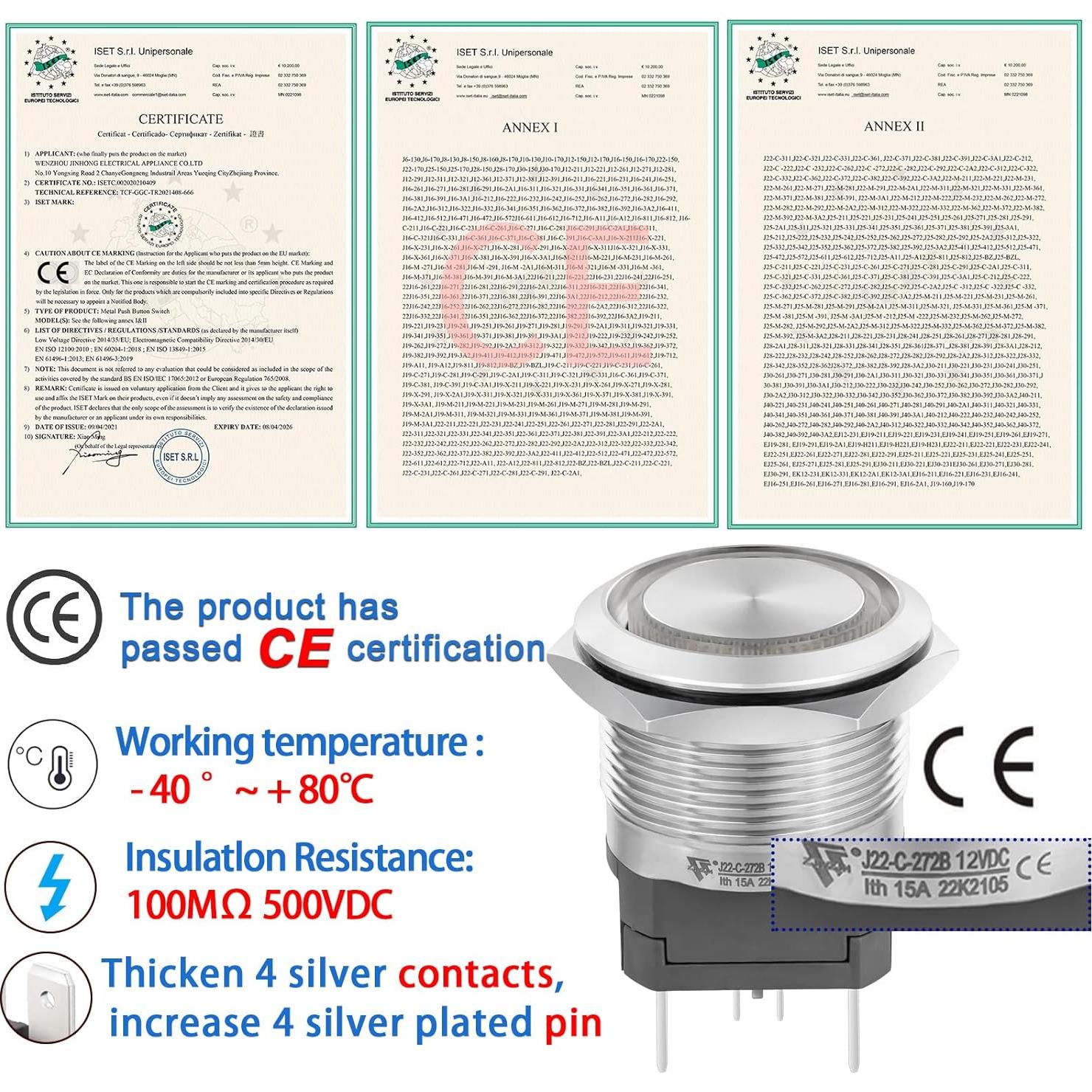 Interruptor de Botón de Presión ZJWZJH 15A 12V IP67 Acero Inoxidable