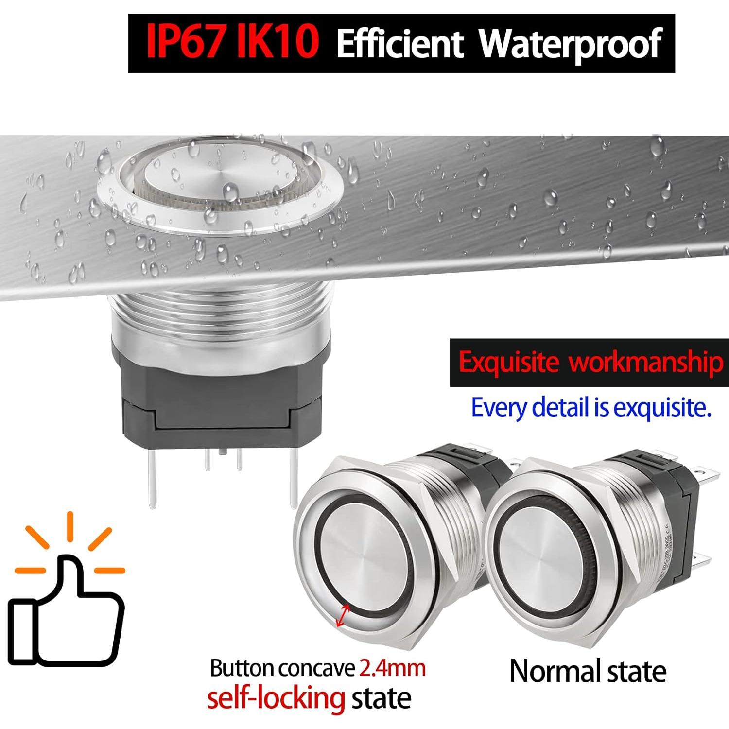 Interruptor de Botón de Presión ZJWZJH 15A 12V IP67 Acero Inoxidable