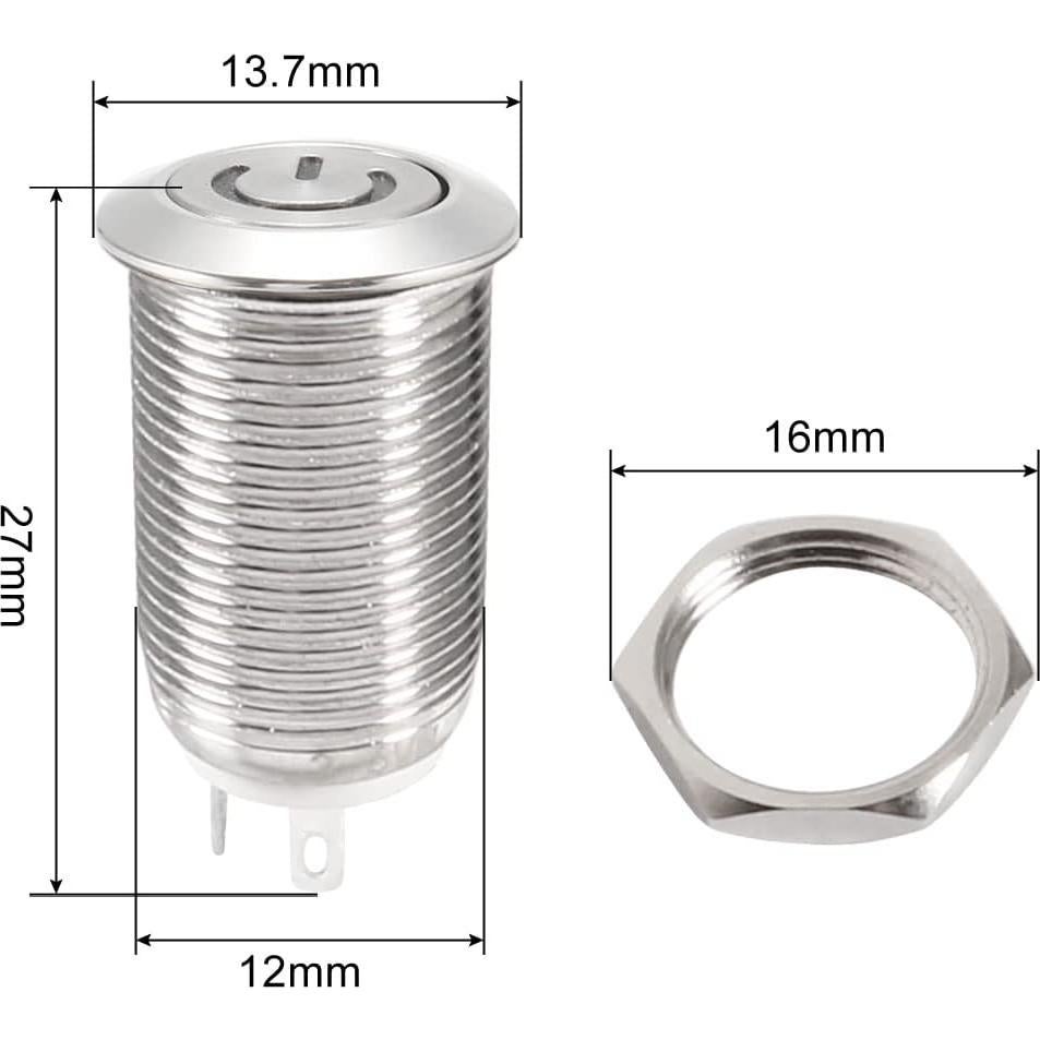 Interruptor de Botón Metálico uxcell 12mm Retención 1NO LED Blanco