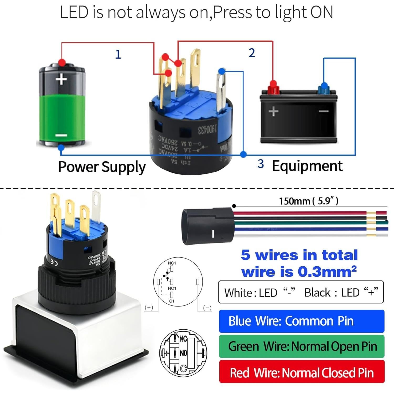 Interruptor Cuadrado ZGSZJHF 21x21mm 12/24V LED Azul IP65