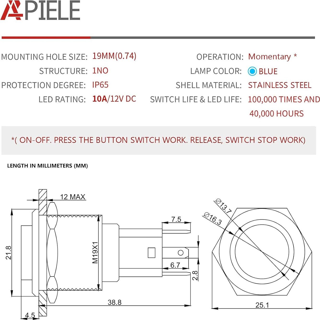 Interruptor Momentáneo 19mm APIELE 10A Acero Inoxidable IP65