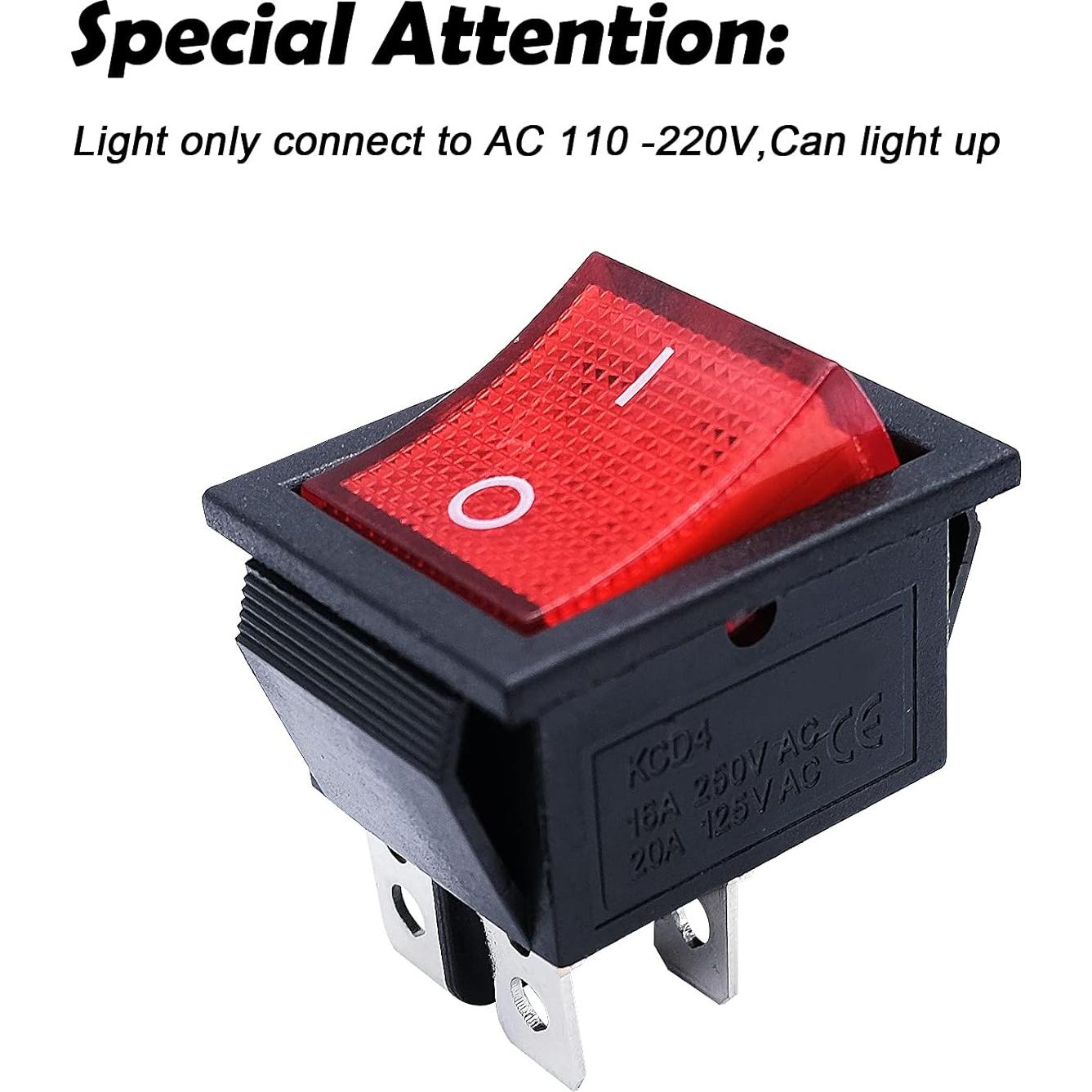 Interruptor de Palanca mxuteuk KCD2-201NR 3 Pcs Luz Roja 250V 15A