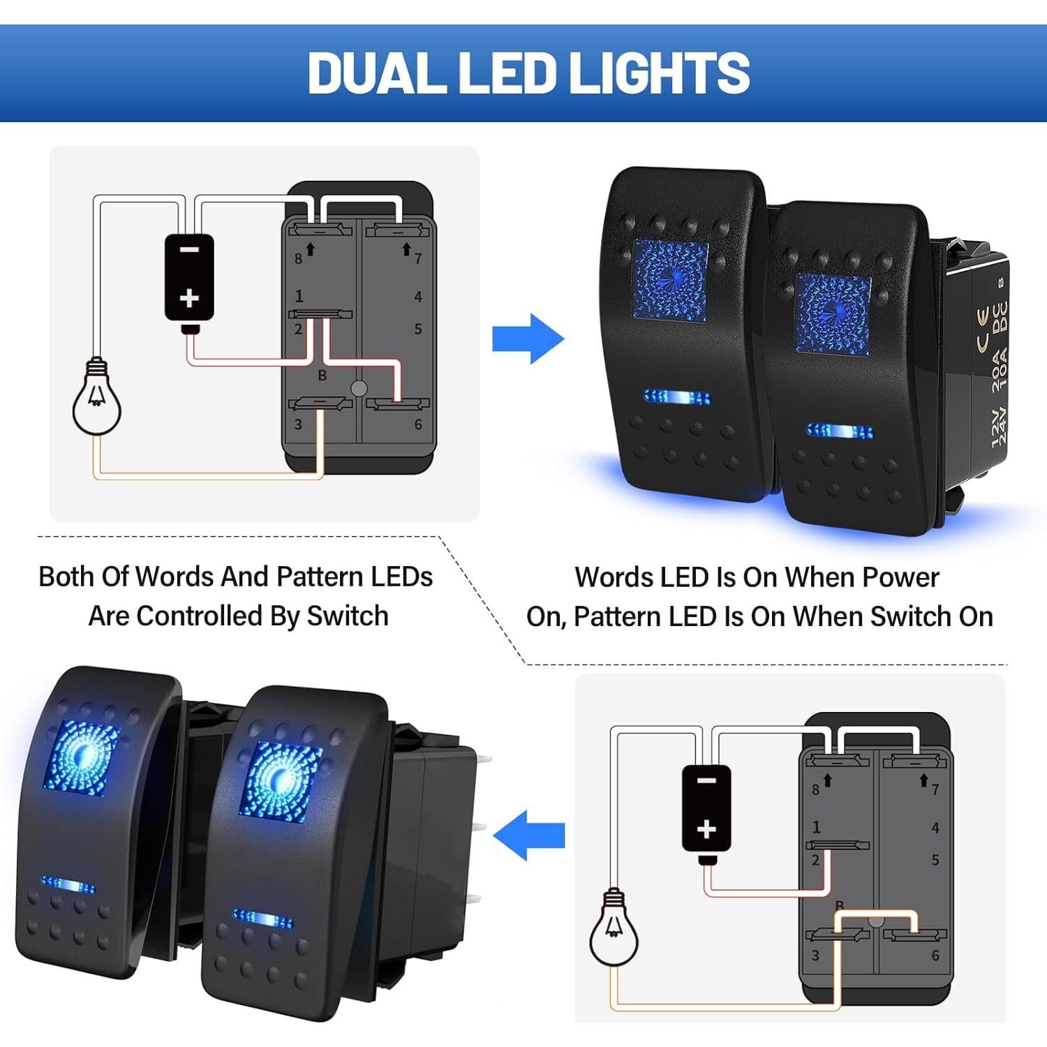 Interruptor de Palanca Anina 5 Pin SPST 20A 12V LED Azul IP65