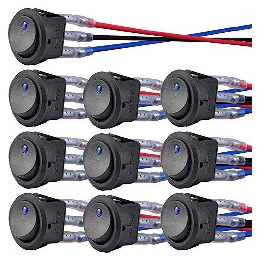 10 Interruptores Rocker Redondos 12V QOFOWIN SPST 3 Pin Azul