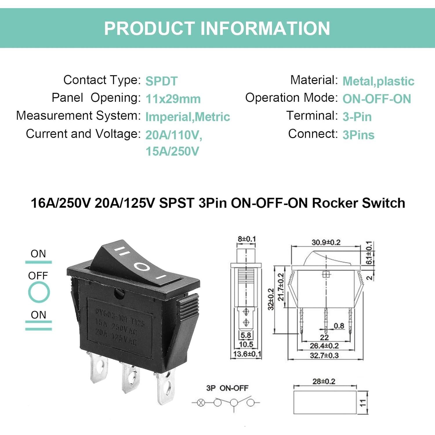 Interruptor Rocker QTEATAK 3 Posiciones ON/OFF 15A 250V