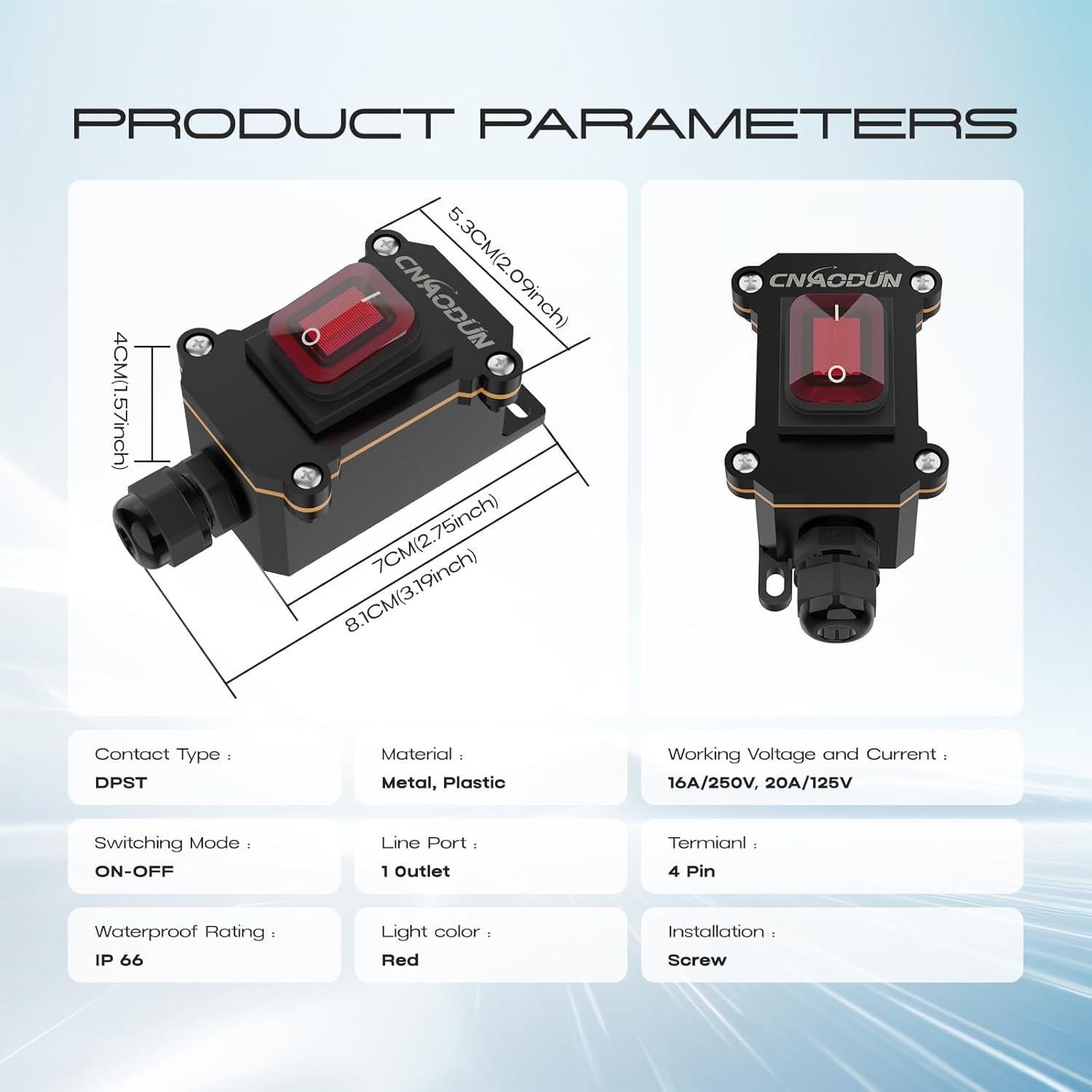 Interruptor de línea impermeable 20A 125V CNAODUN rojo