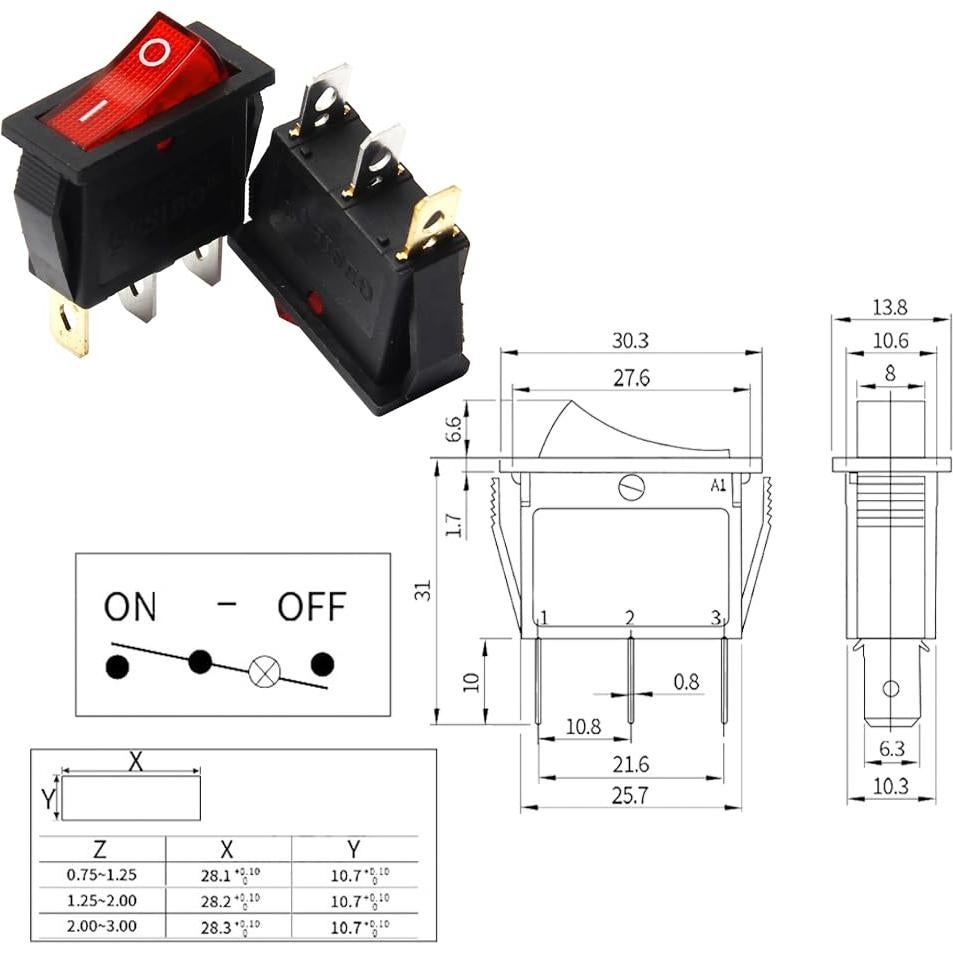 5 Pcs Interruptor Rocker On/Off 3 Pines 12V 250V 15A Rojo