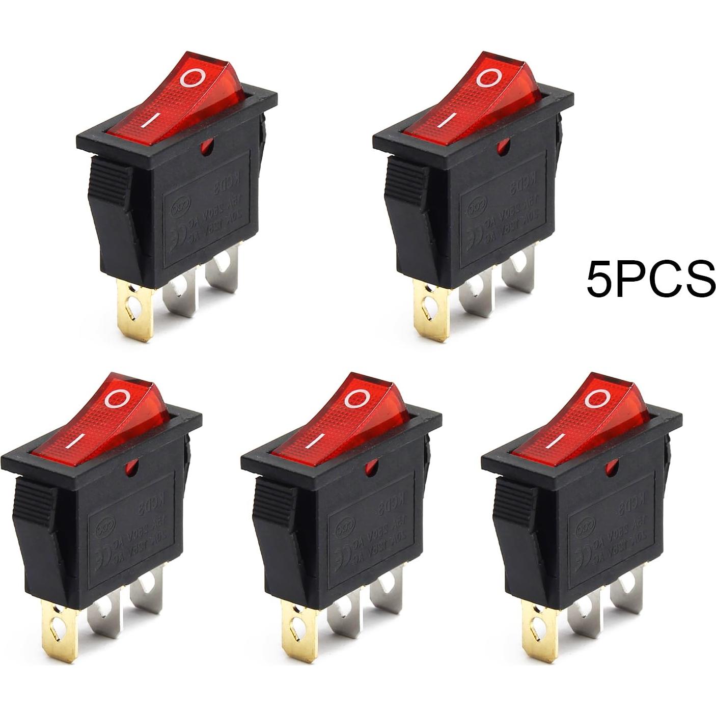 5 Pcs Interruptor Rocker On/Off 3 Pines 12V 250V 15A Rojo