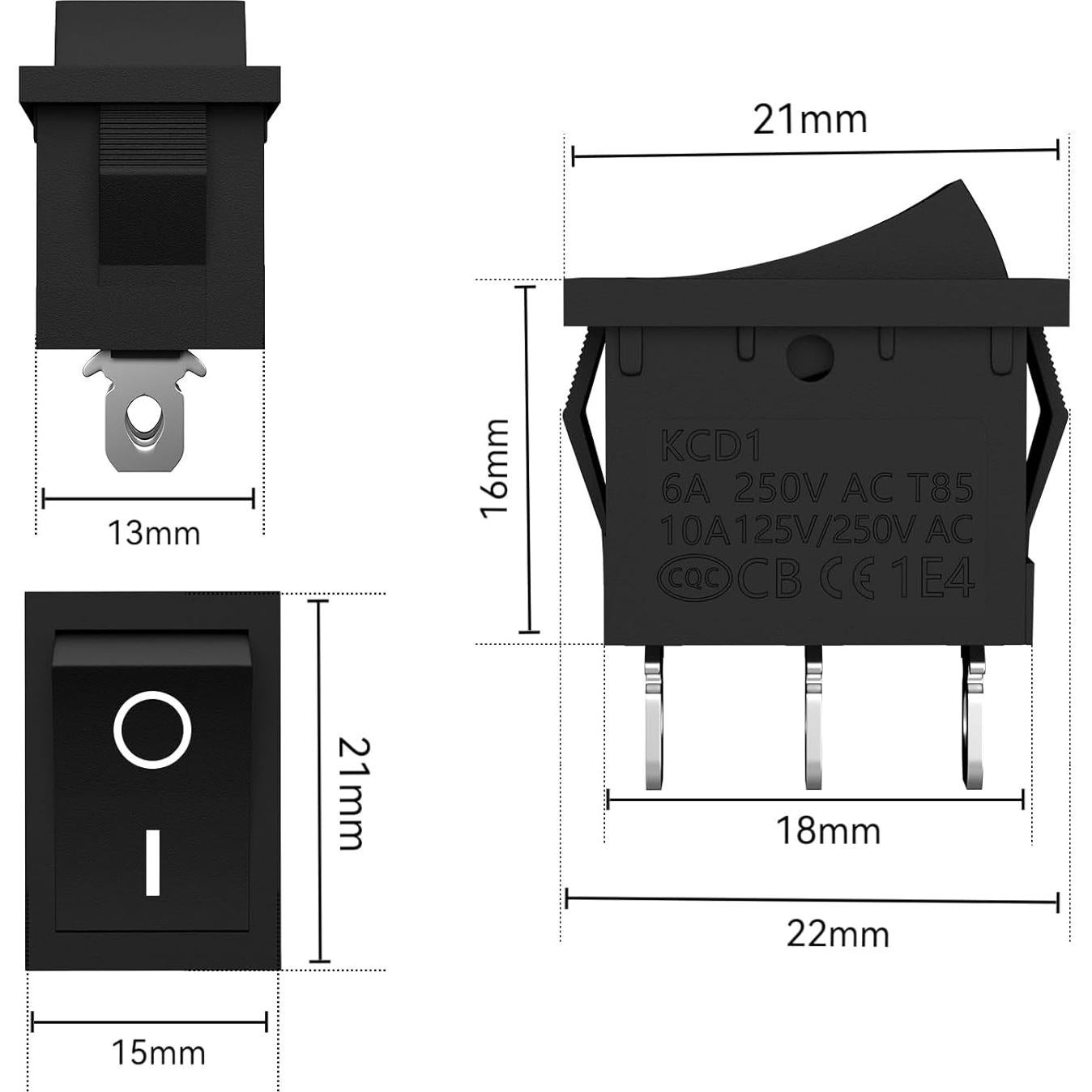 10 Interruptores Rocker KCD1 ON/OFF/ON 6A 250V AC 3 Pin