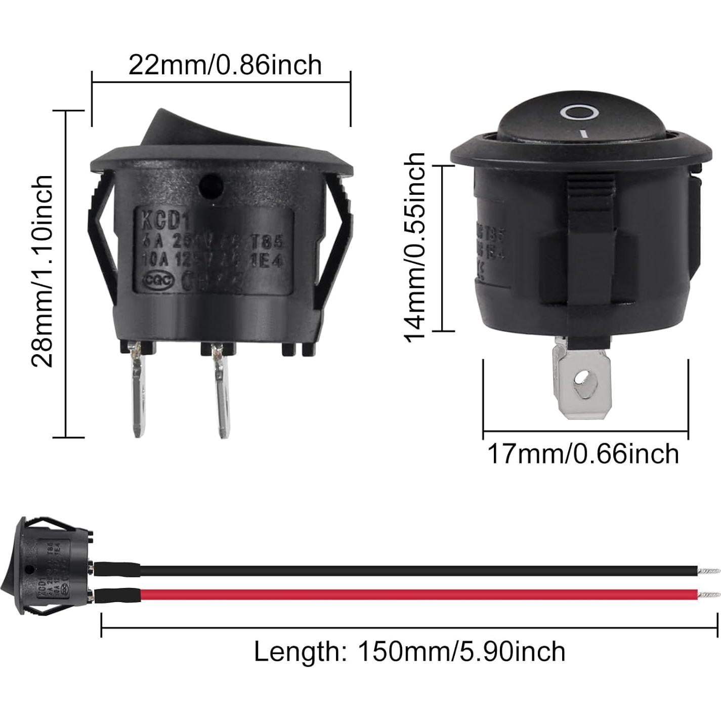6 Interruptores Rocker Redondos KCD1 ON/OFF 6A 250V 10A 125V