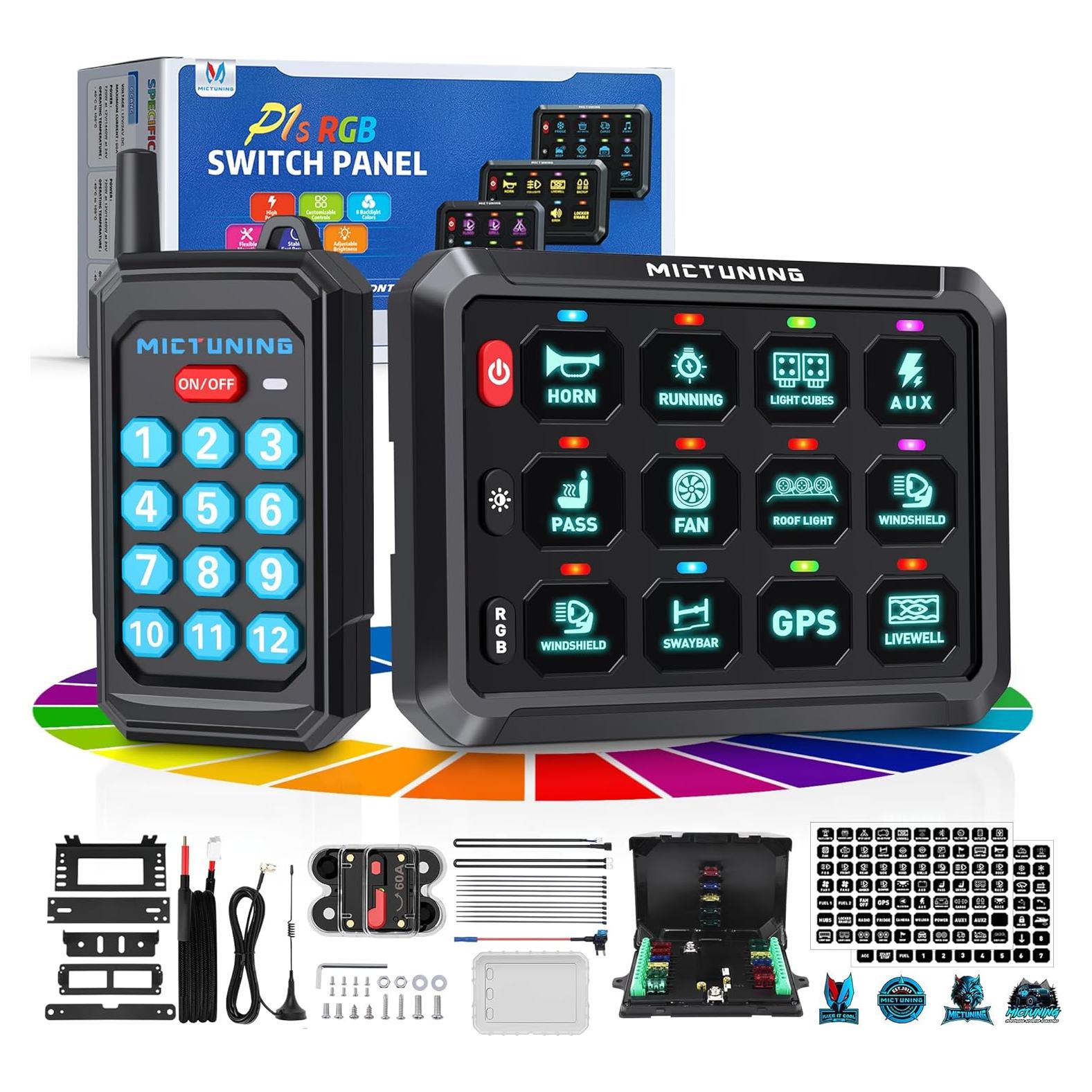 MICTUNING RGB 12 Gang Switch Panel Remote Control Range Up to 230FT, Multifunction Toggle Momentary Strobe Pulsed Switch Pod Backlit Off 6 Level Brightness Silicone Cover Circuit System Box for Car