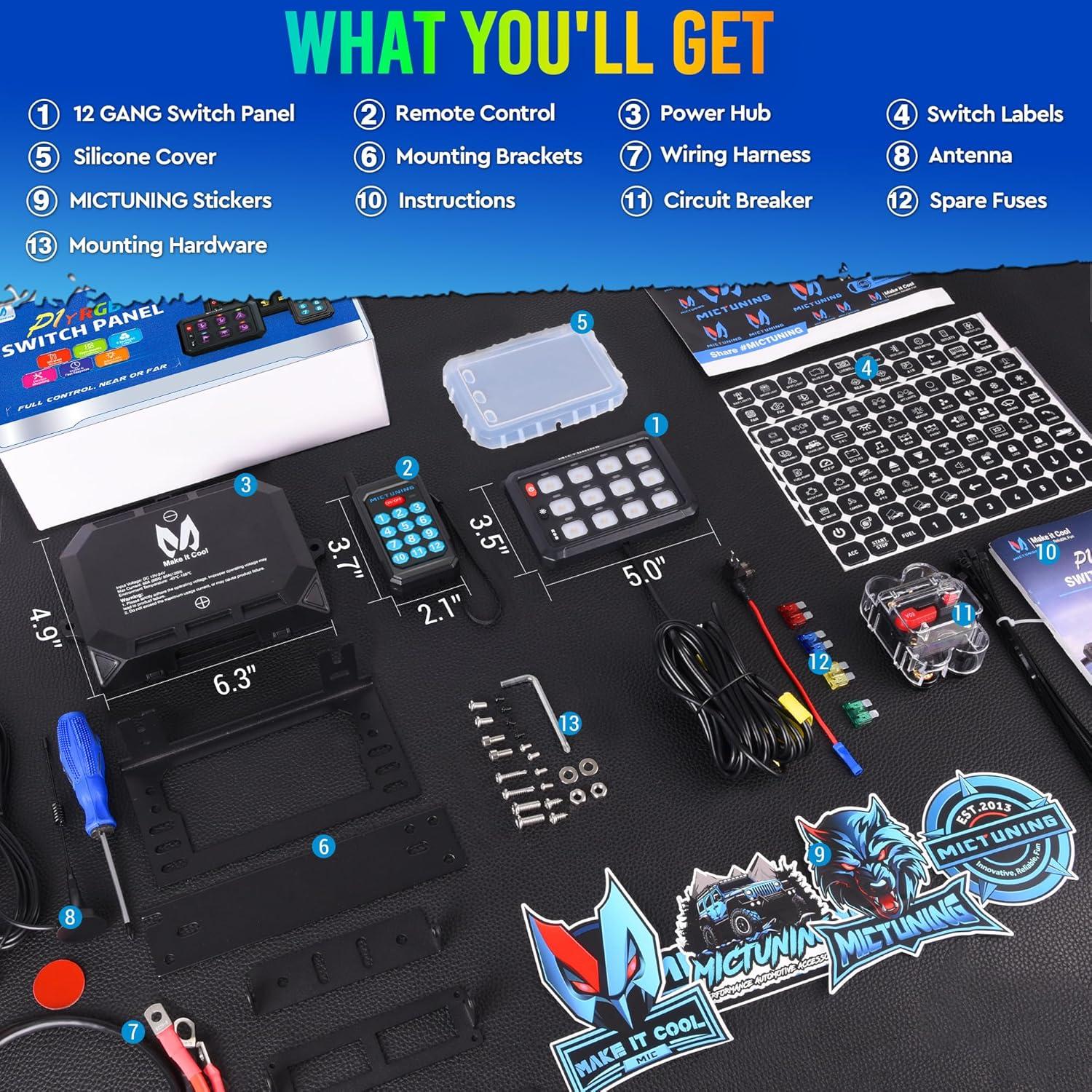 MICTUNING RGB 12 Gang Switch Panel Remote Control Range Up to 230FT, Multifunction Toggle Momentary Strobe Pulsed Switch Pod Backlit Off 6 Level Brightness Silicone Cover Circuit System Box for Car