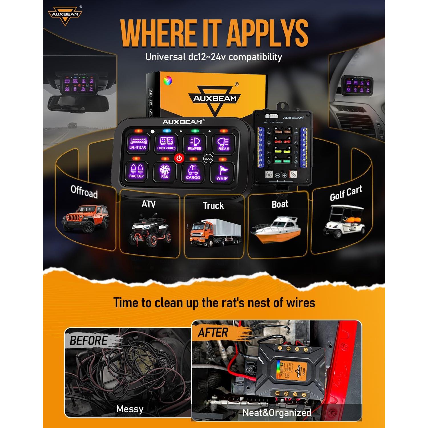 Panel de Interruptores Auxbeam RB80 RGB 8 Gang 60A Impermeable