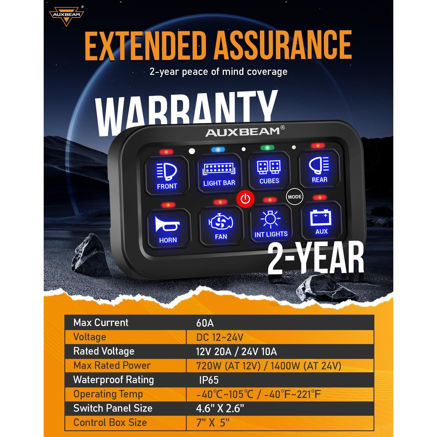 Panel de Interruptores Auxbeam RB80 RGB 8 Gang 60A Impermeable