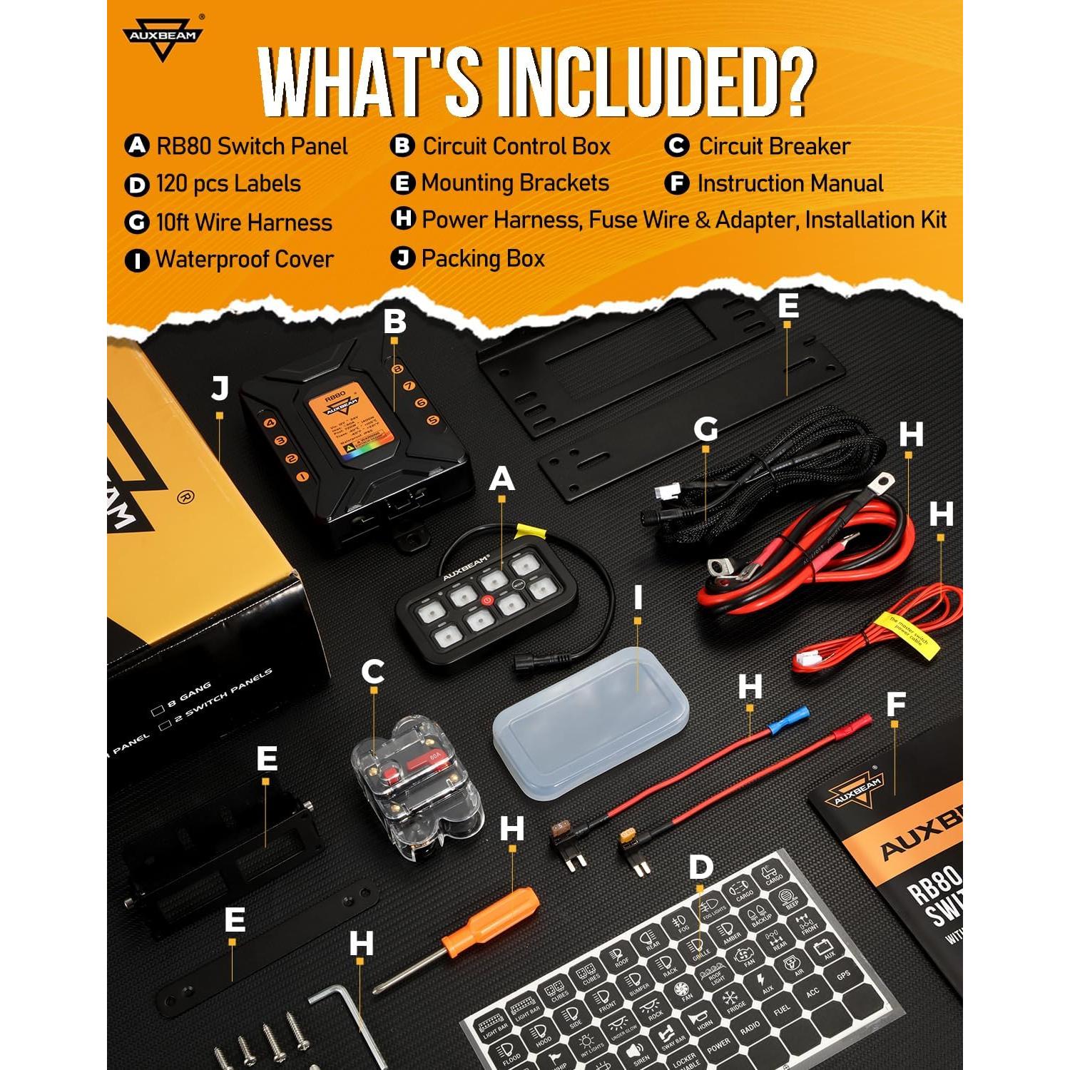 Panel de Interruptores Auxbeam RB80 RGB 8 Gang 60A Impermeable