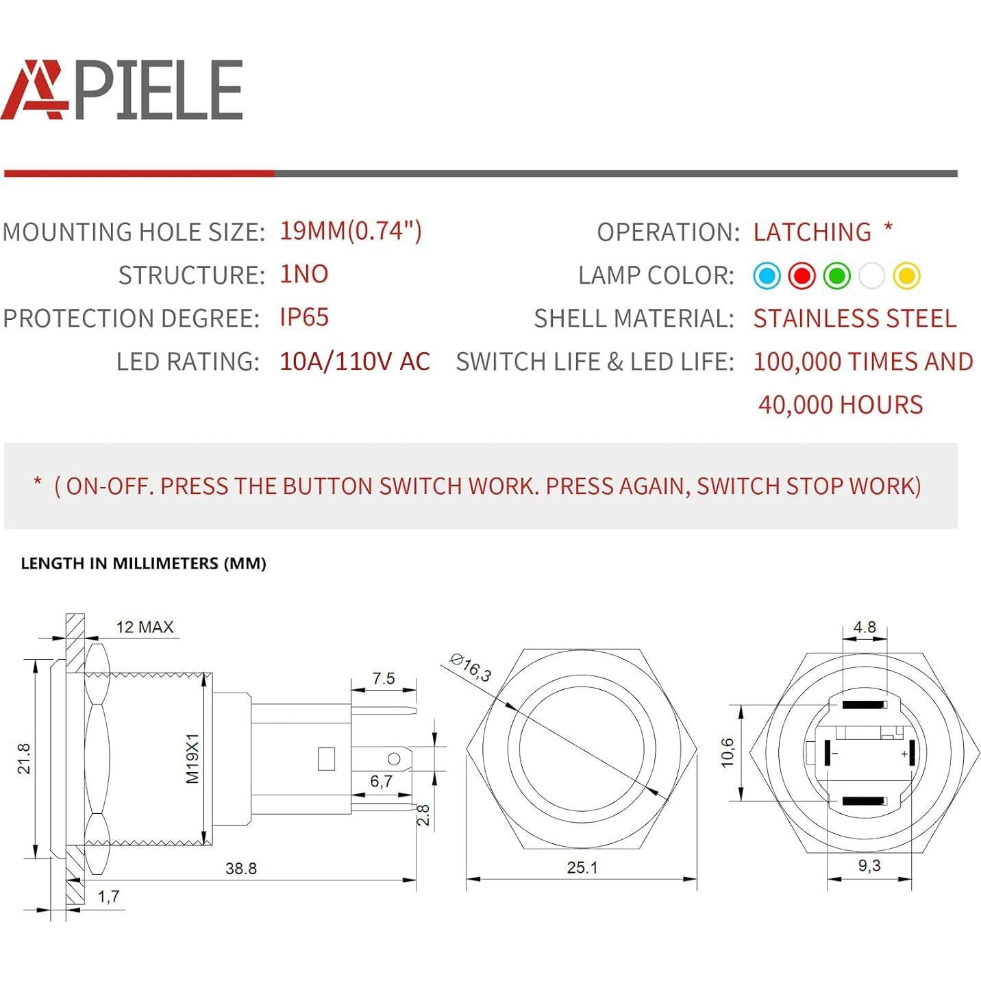 Interruptor de Botón de Presión APIELE 10A 19mm LED IP65