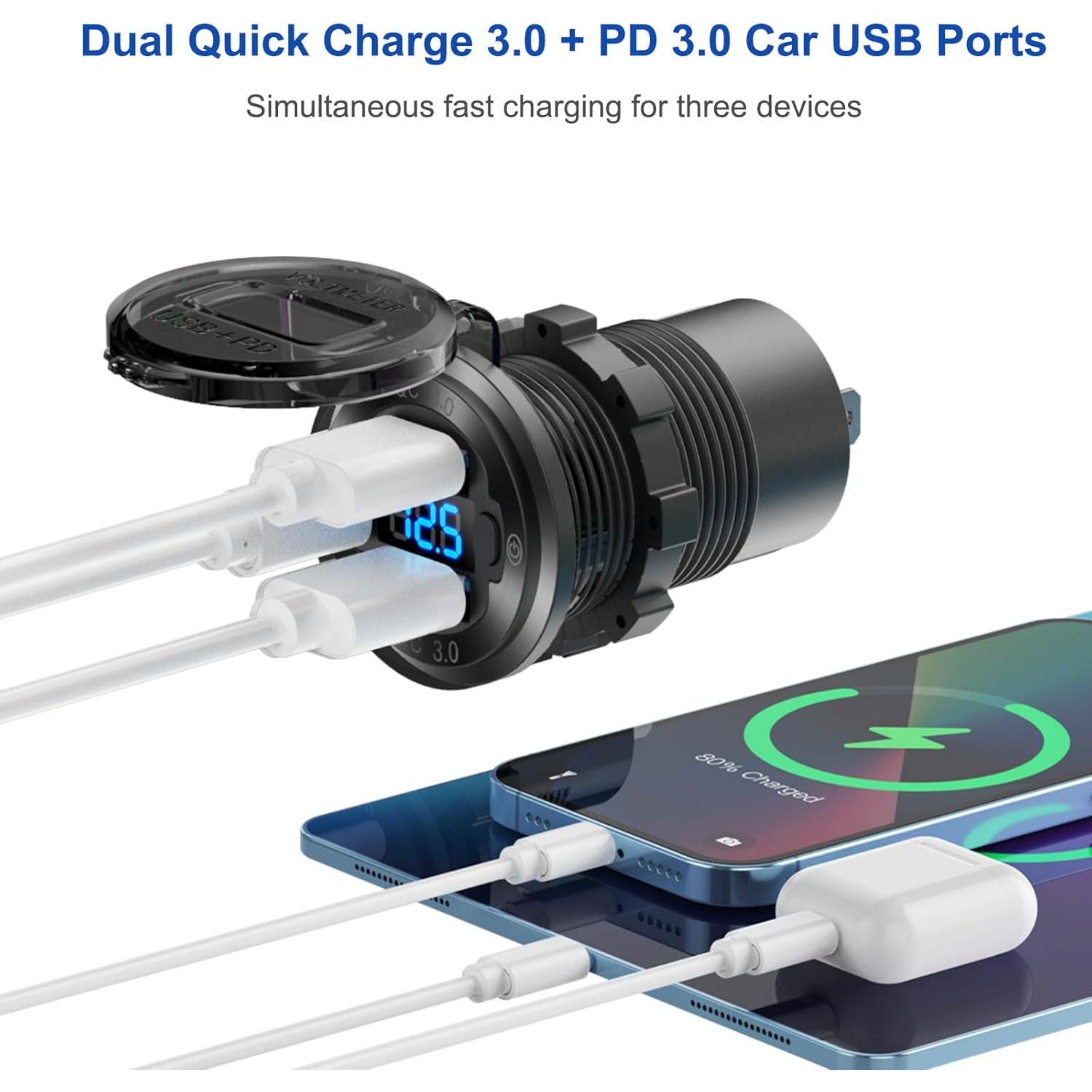 Cargador de Coche USB 12V Hapytrip con 3 Puertos y Voltímetro