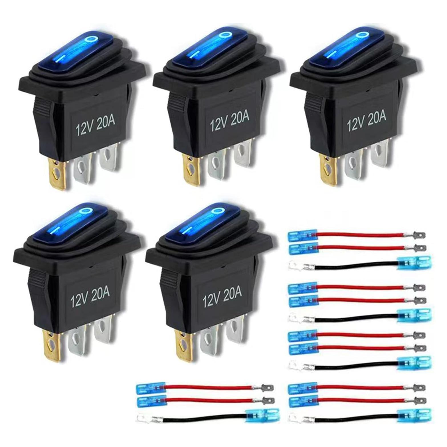 Interruptor Rocker Impermeable 12V 5 PCS KCD3 con Luz LED Azul