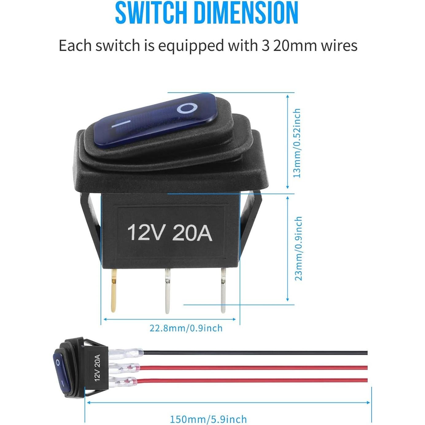 Interruptor Rocker Impermeable 12V 5 PCS KCD3 con Luz LED Azul
